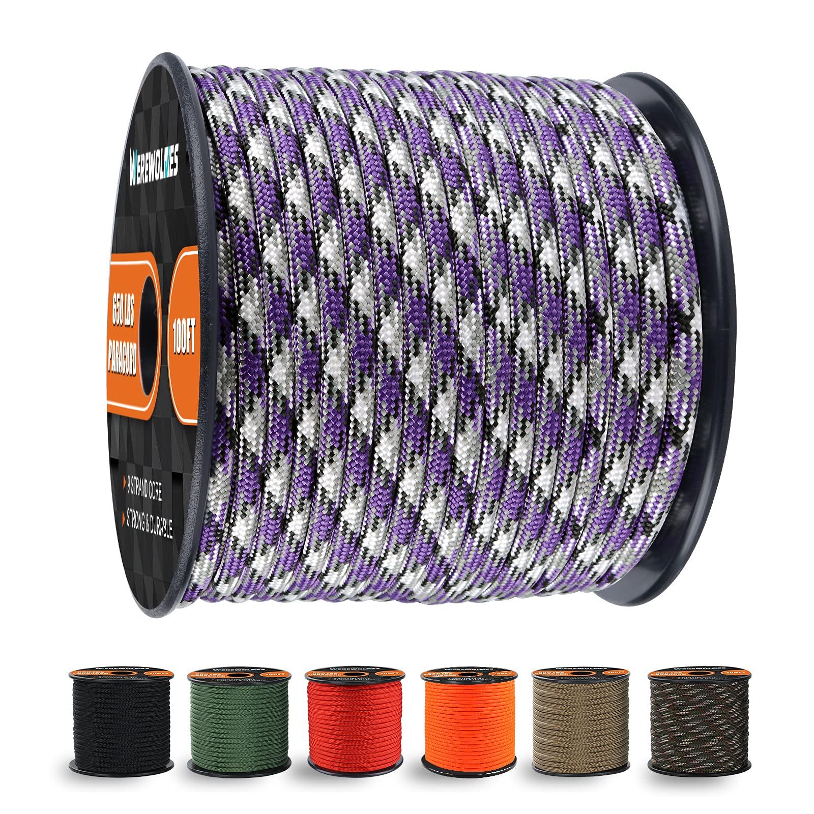 WEREWOLVES 650lb Paracord/Parachute Cord - 9 Strand Paracord Rope - 100\', 200\' Spools of Parachute Cord, Type III Paracord for Camping, Hiking and Survival (Purple Mix, 100 Feet)