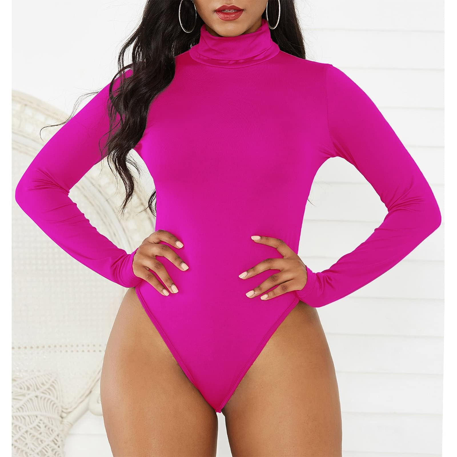 American Trends Hot Pink Bodysuit for Women Pink Long Sleeve leotard Neon Pink Turtleneck Leotards Neon Mock Turtle Neck Body Suit Shapewear Tops Rose Red S