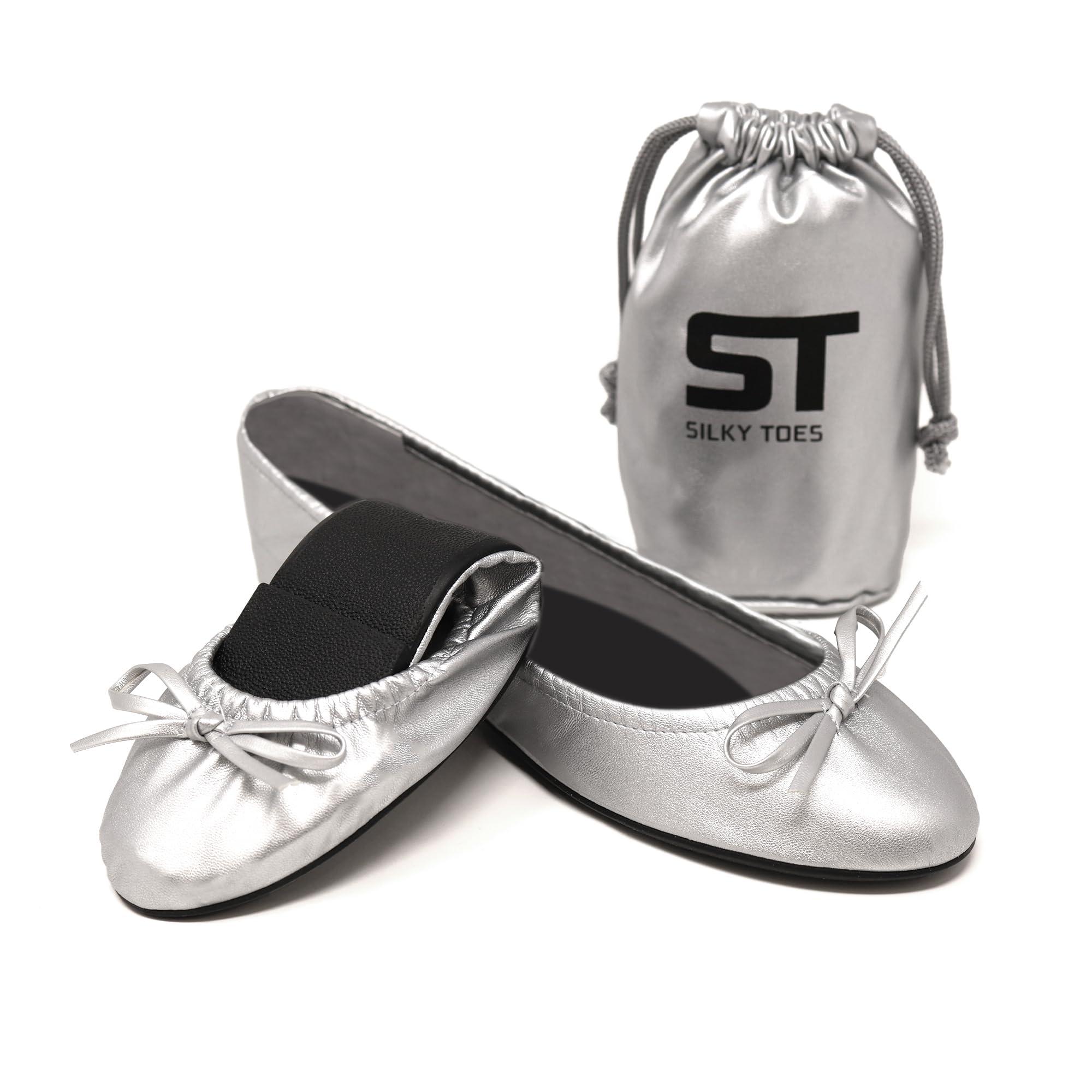 Silky Toes Silky Toes Foldable Travel Portable Flat Comfort Shoes with Pouch (Small 5/6, Silver)