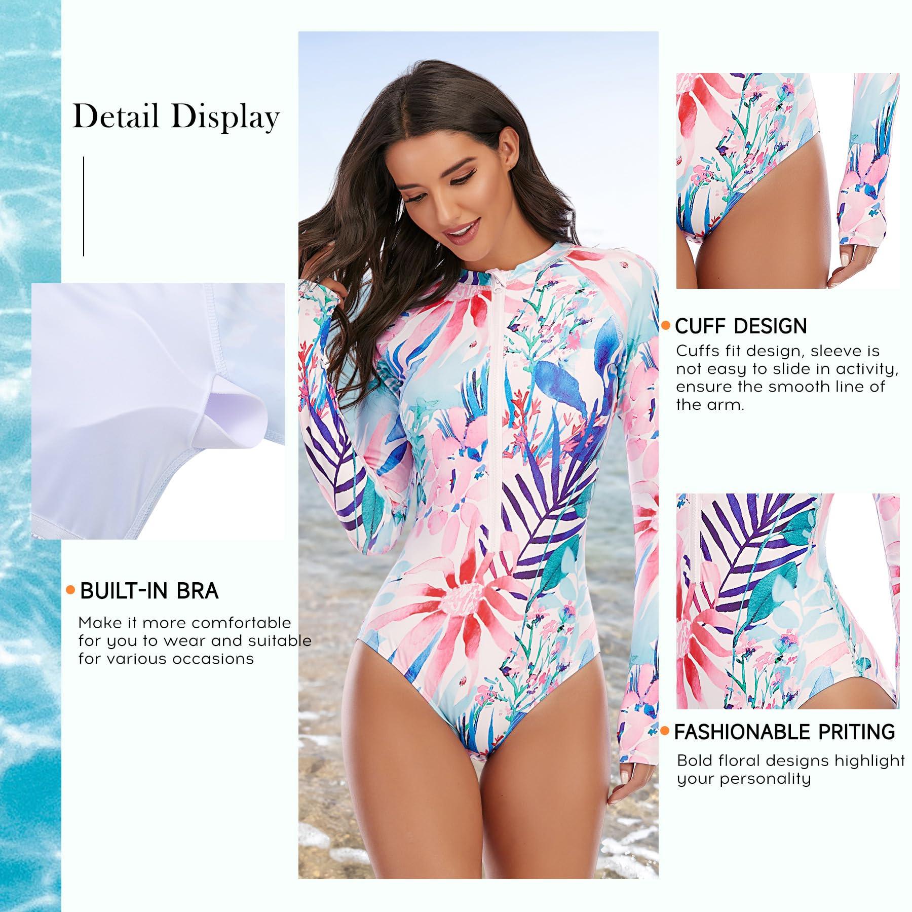 Zando Zando Women's UPF 50+ UV Protection Long Sleeve Rash Guard Swimsuit - Full Coverage Quick Dry 1 Piece with Built-in Padded Bra Zip, Swimwear for Surfing Water Sport, Watercolor Flower (Size 8-10)