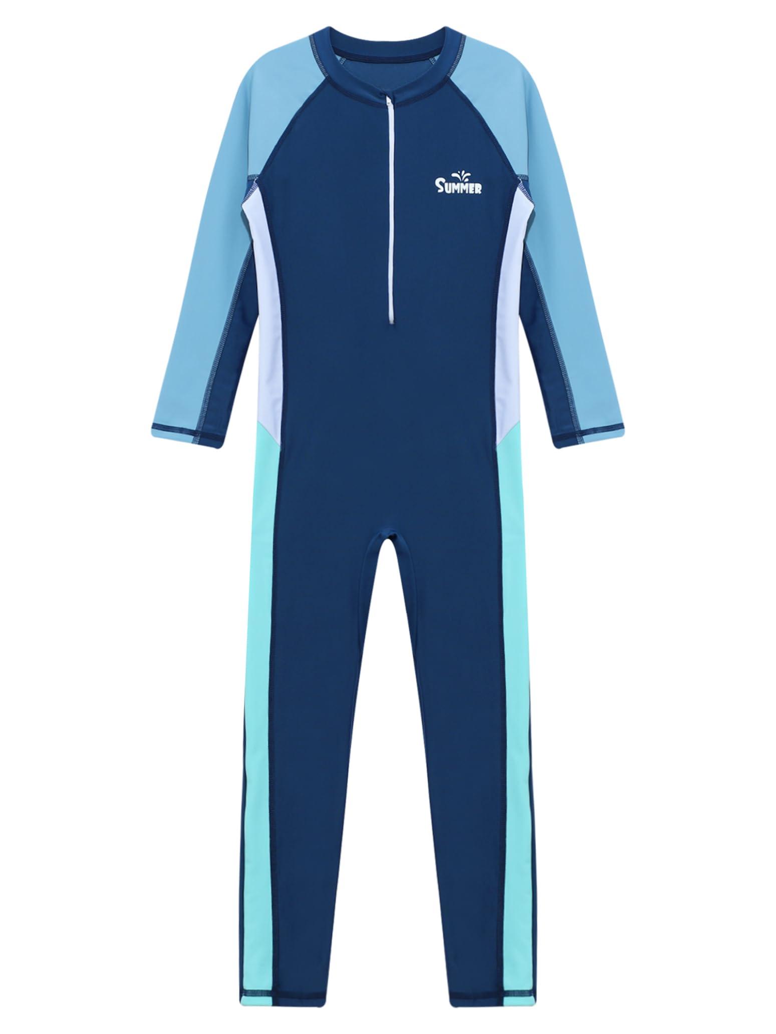 Nikiikoo Nikiikoo Kids Boys Girls One Piece Swimsuit Full Body Surfing Wetsuit Long Sleeve Rash Guard Swimwear Sunsuit Navy 15-16 Years