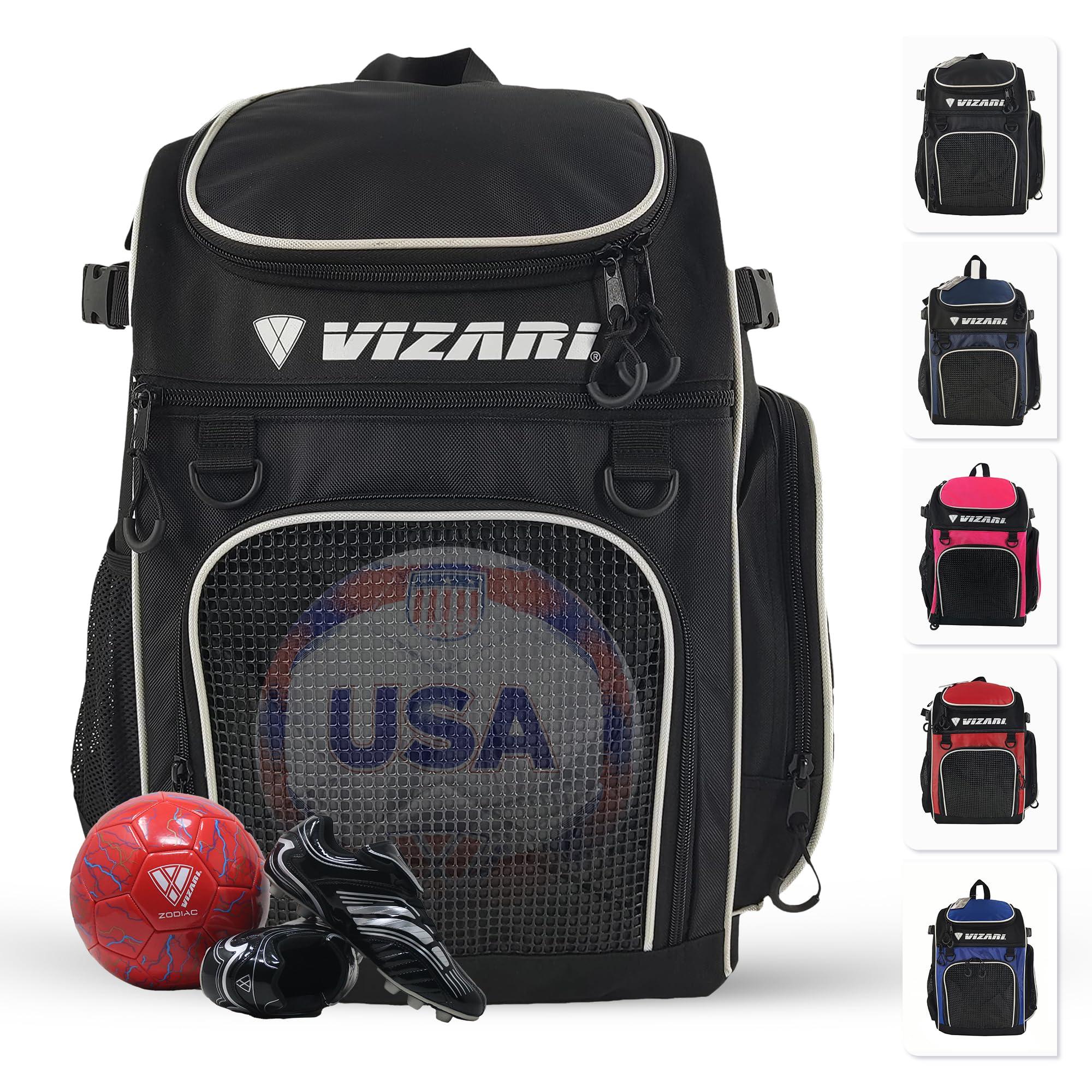 Vizari Vizari Soccer Backpack Soccer Bag | Water resistant Durable Equipment Bag for Football, Basketball, Volleyball | Cleats and Ball Compartment - Black, Blue, Red