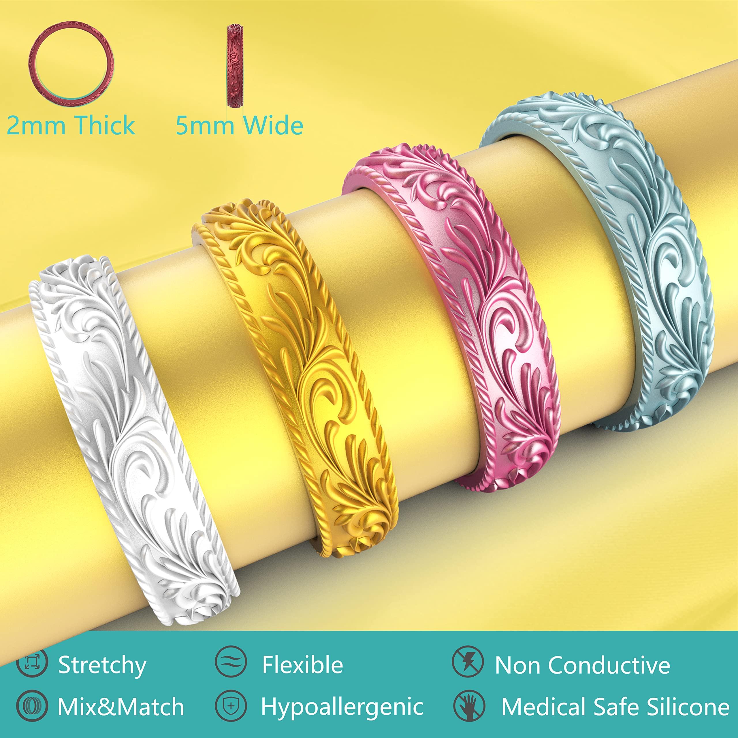 Zollen Zollen Silicone Wedding Rings for Women 4 Packs -Metallic Stackable Silicone Rubber Wedding Bands - Innovative Vine Collection, Size 11