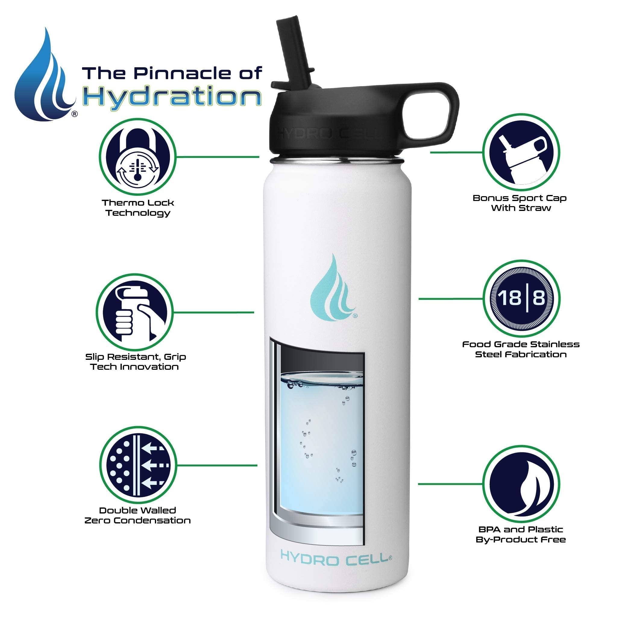 HYDRO CELL HYDRO CELL Stainless Steel Water Bottle w/Straw & Wide Mouth Lids (White 24oz with White Protective Silicone Bottom Boot, Teal/White Paracord Handle and White Sports Cap w/Straw)