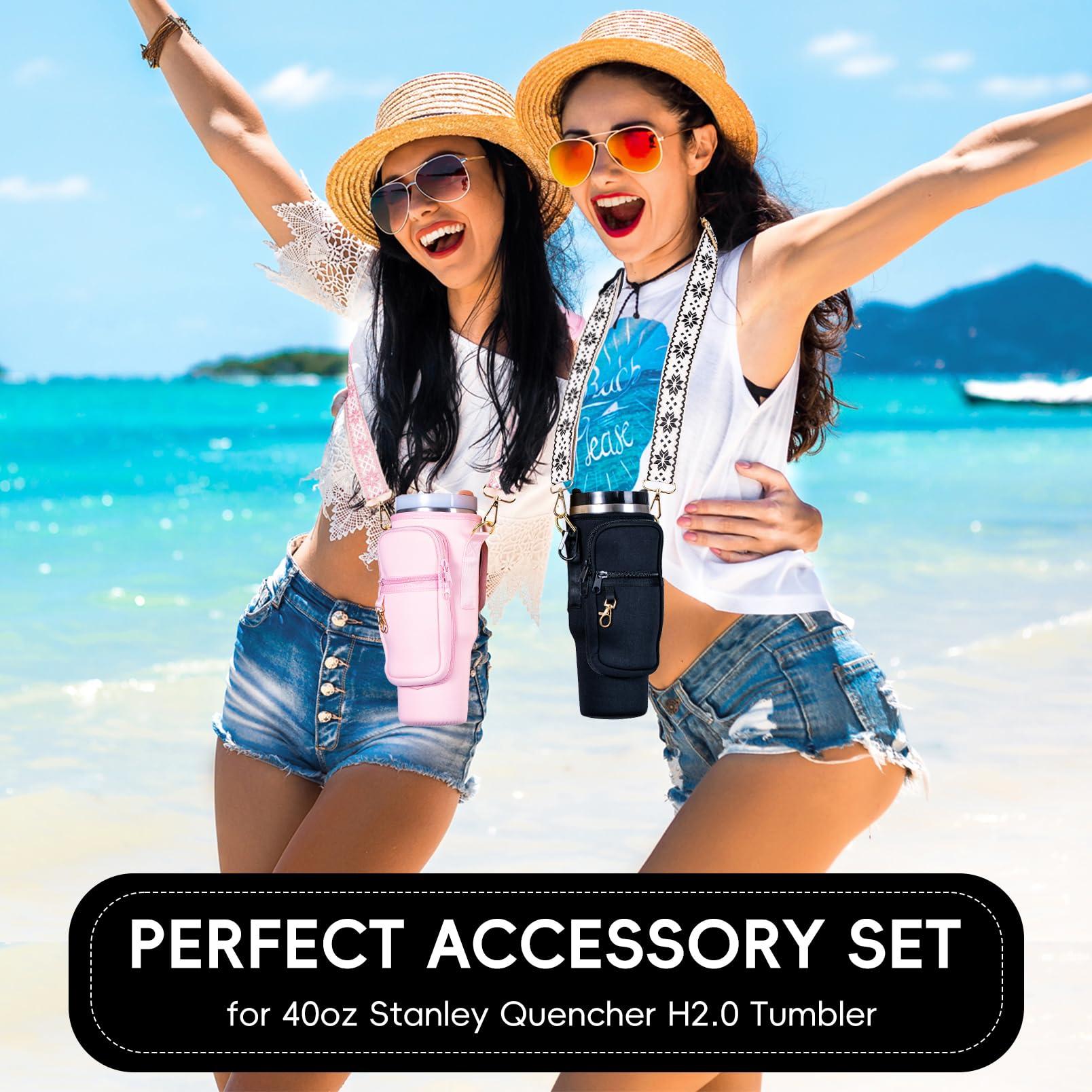 SWANSWIFT SWANSWIFT Upgraded Stanley Cup Carrier Bag Accessories for 40oz/30oz with Phone Pocket Tumbler Water Bottle Holder with Adjustable Strap with 2 Straw Covers &1 Carabiner (Black)