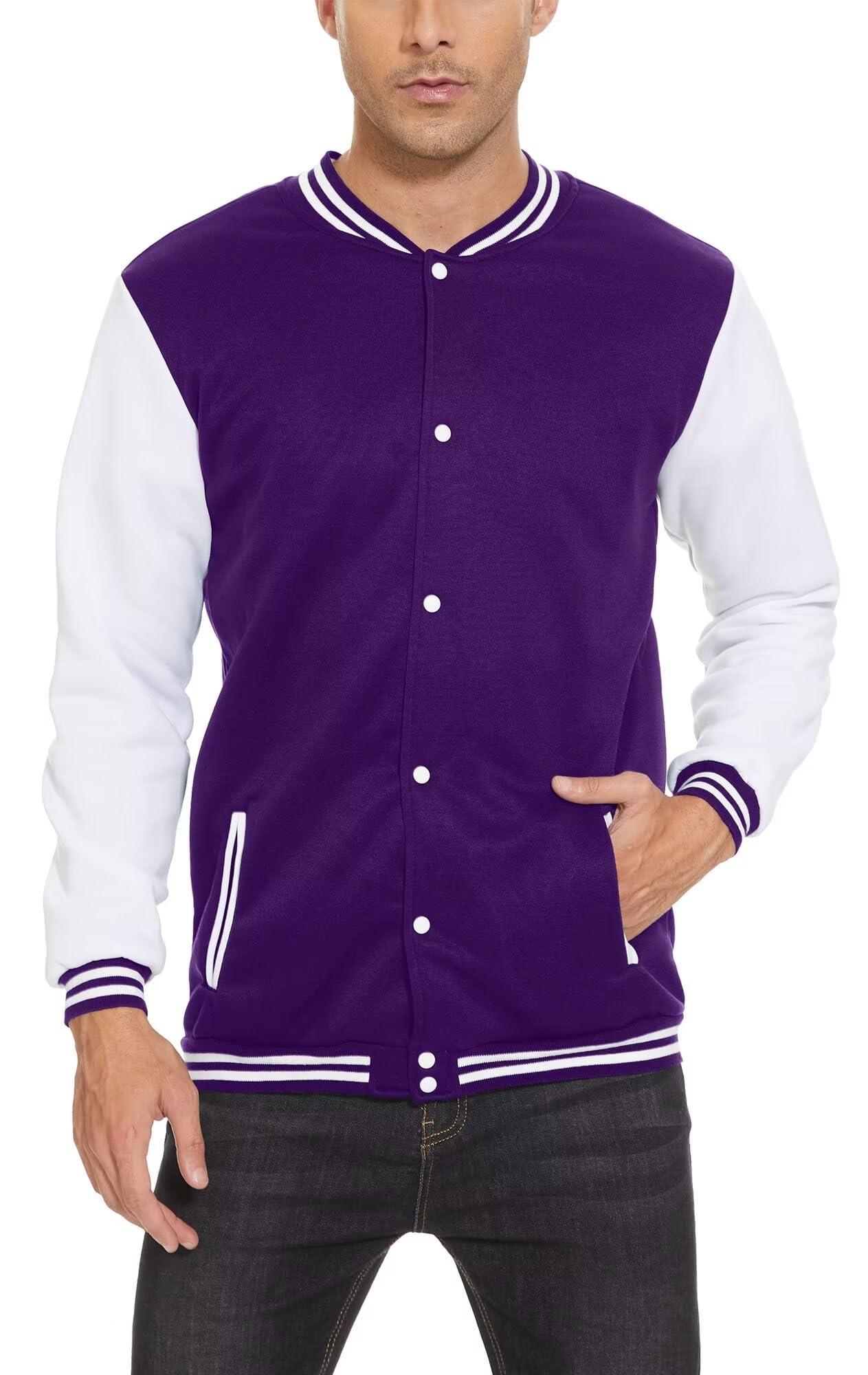 babyhealthy Men's Bomber Jacket Varsity Baseball Jackets Windbreaker Lightweight Slim Fit Button Down Letterman Jacket Purple