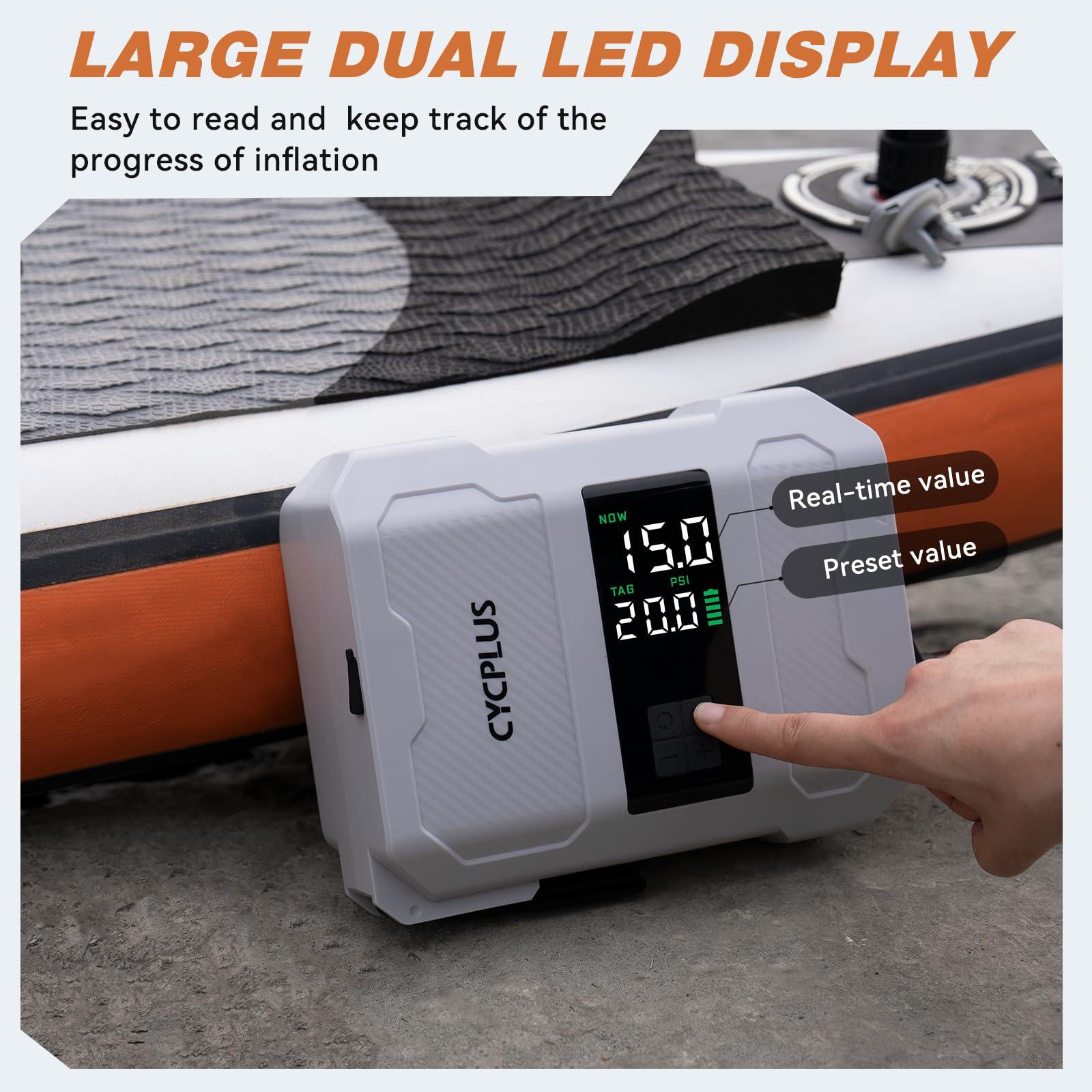 CYCPLUS CYCPLUS 20PSI Rechargeable Paddleboard Pump - Intelligent Fast Dual-Stage Inflation, Deflation Function, Auto-Off &Dual LED Display, Suitable for Stand-Up Paddleboard, Inflatable Boat Tent Mattress