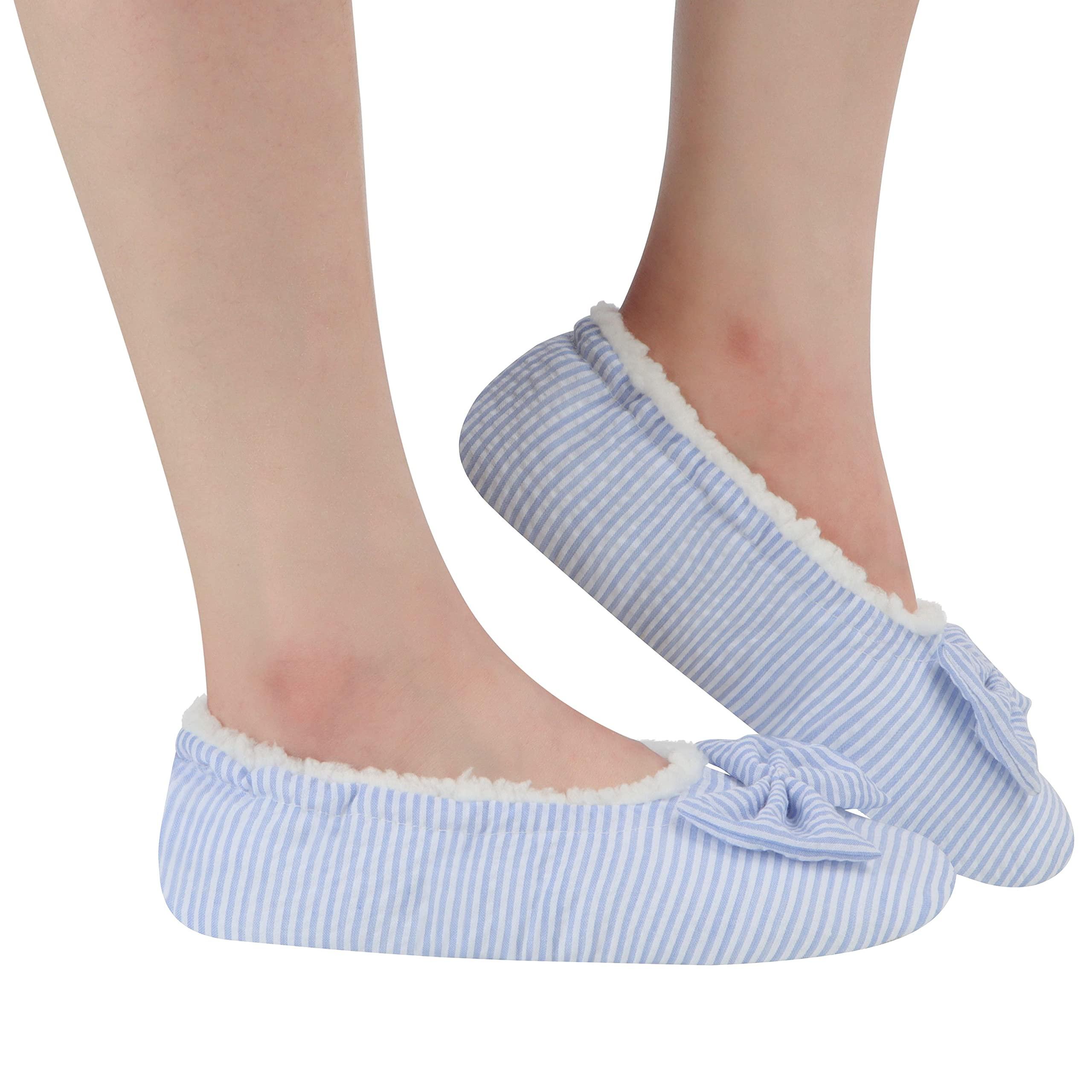 Snoozies Snoozies Striped Ballerina Slippers for Women Indoor, Lightweight and Soft Sherpa-Lined Slipper Socks Non-Skid (Blue, Large)