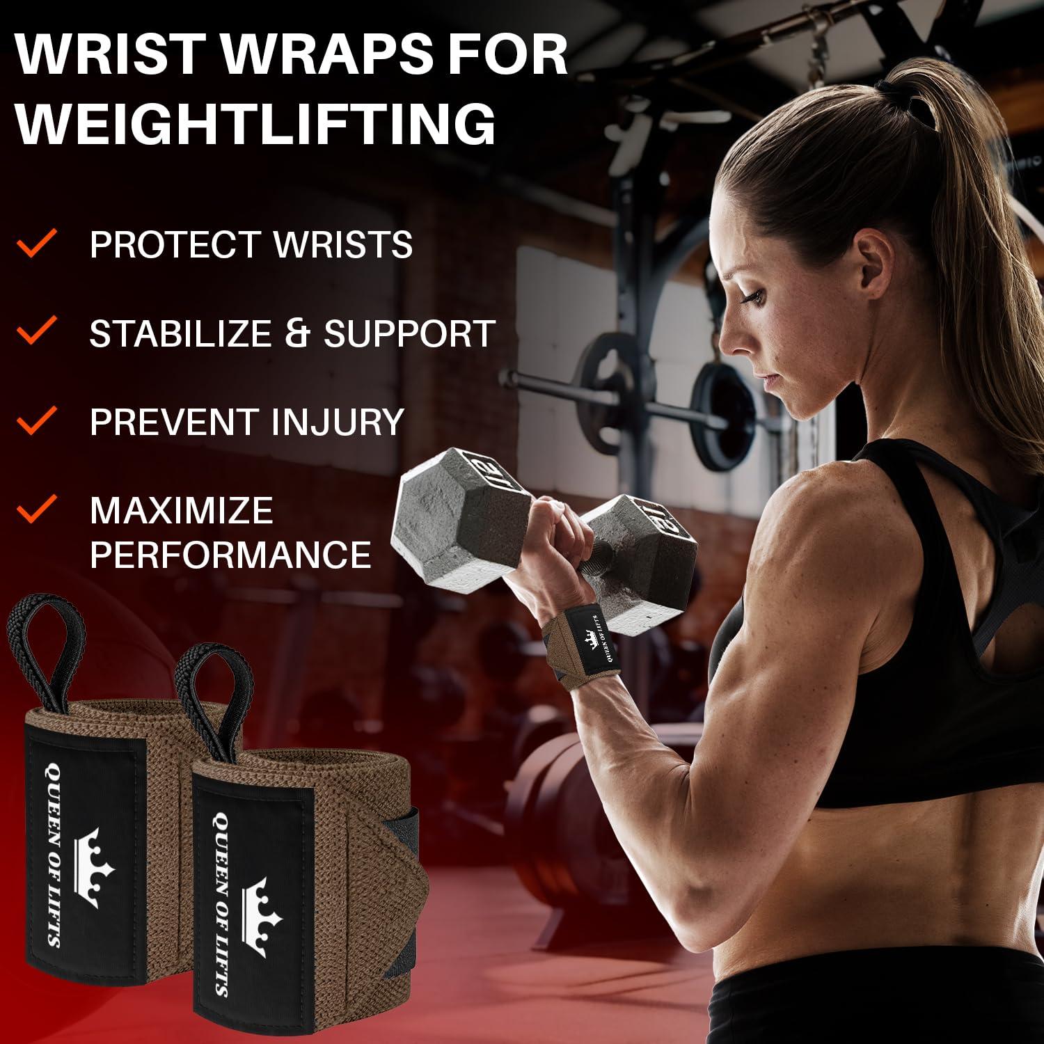TECEUM TECEUM Weightlifting Wrist Wraps with Thumb Loop Brown Queen of Lifts 18 inch Heavy-Duty Workout Wrist Support & Protection Ideal for Powerlifting, Strength Training, Bodybuilding
