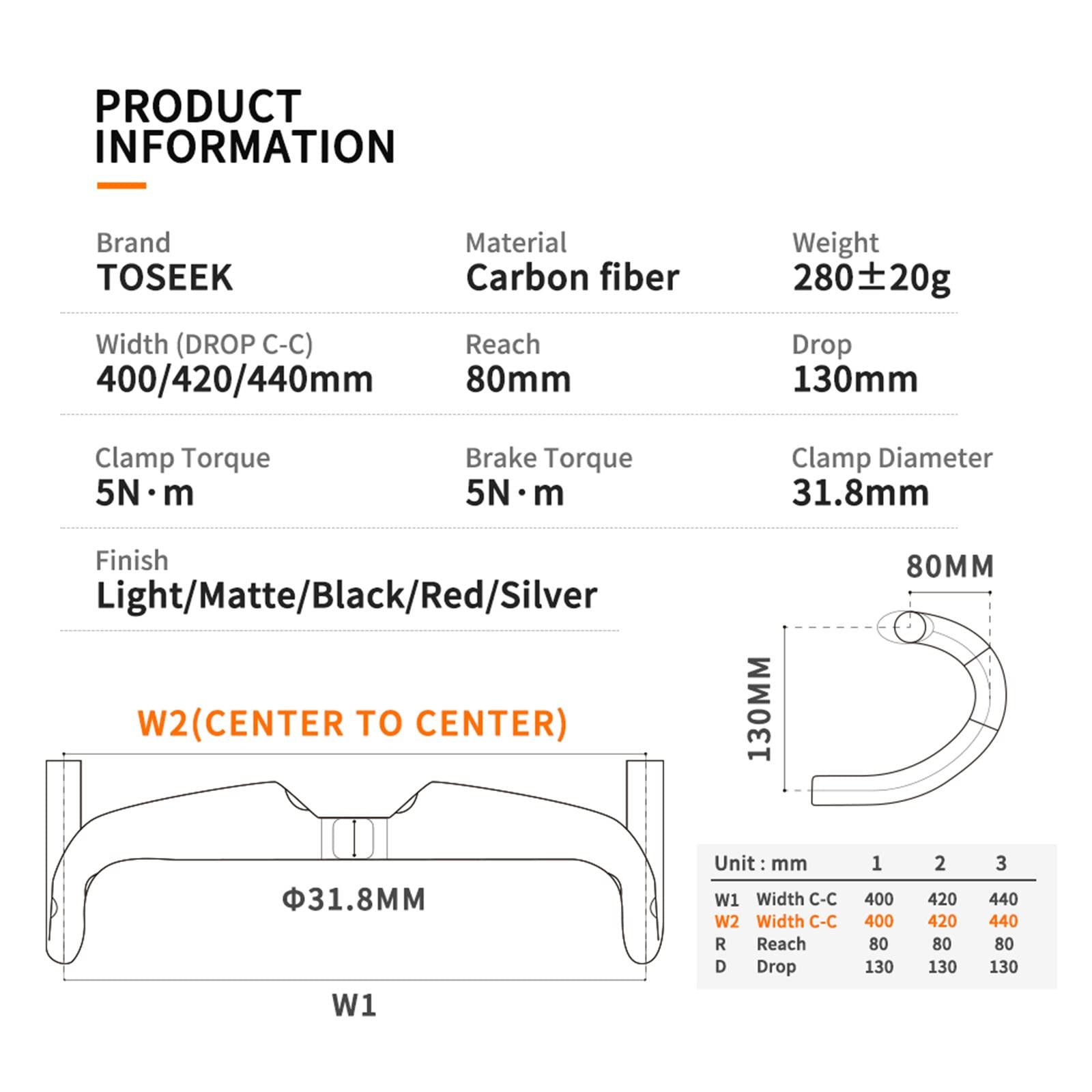 GXMCLCY 31.8mm Aero Bent Handlebar Ultralight Road Bike Carbon Fiber Handlebars Drop Handlebars UD Matting/Matte 400/420/440mm Bike Parts for Road Bike,Black,440mm