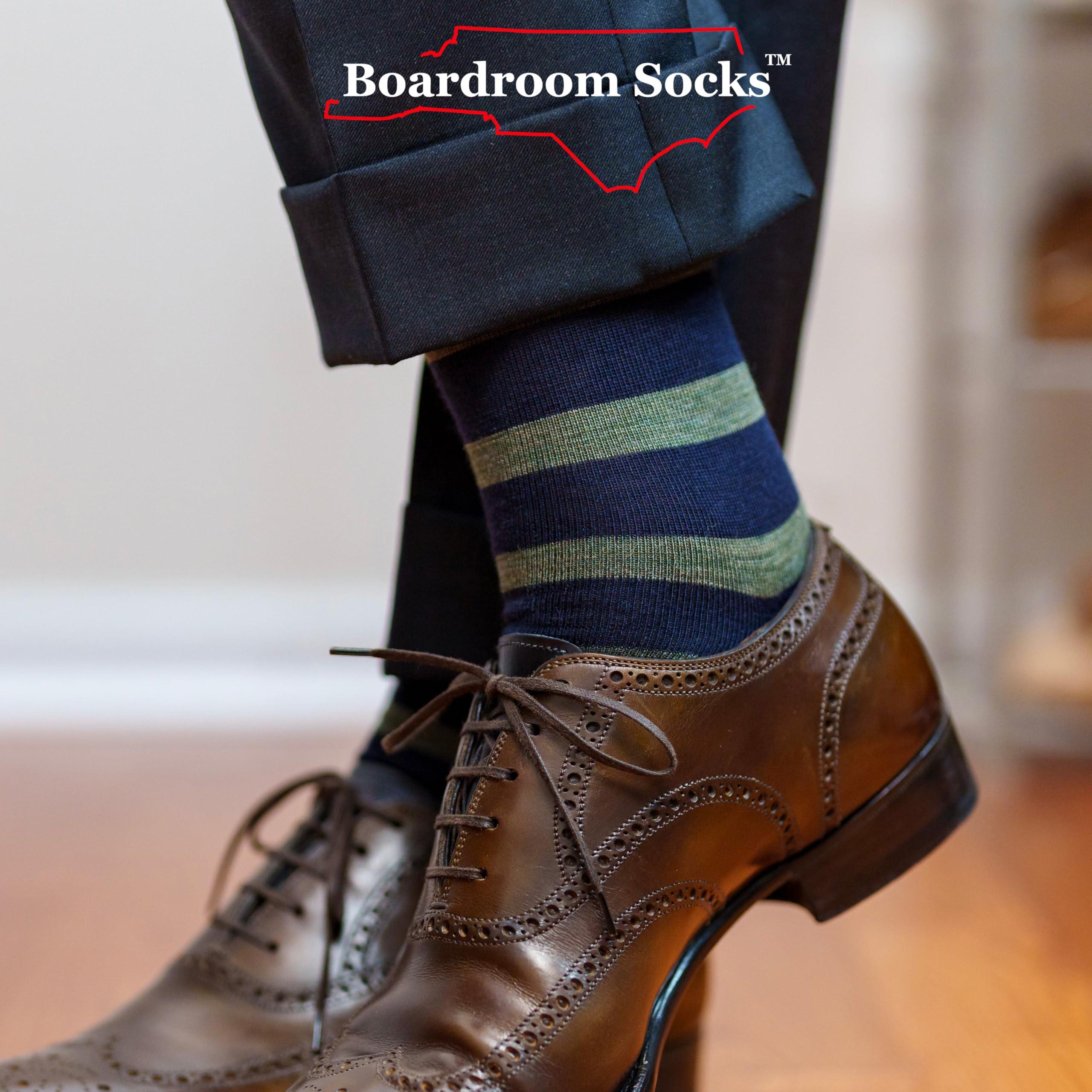 BoardroomSocks BoardroomSocks Merino Wool Mid-Calf Patterned Socks, Dress Socks for Men, Navy with Olive Stripes