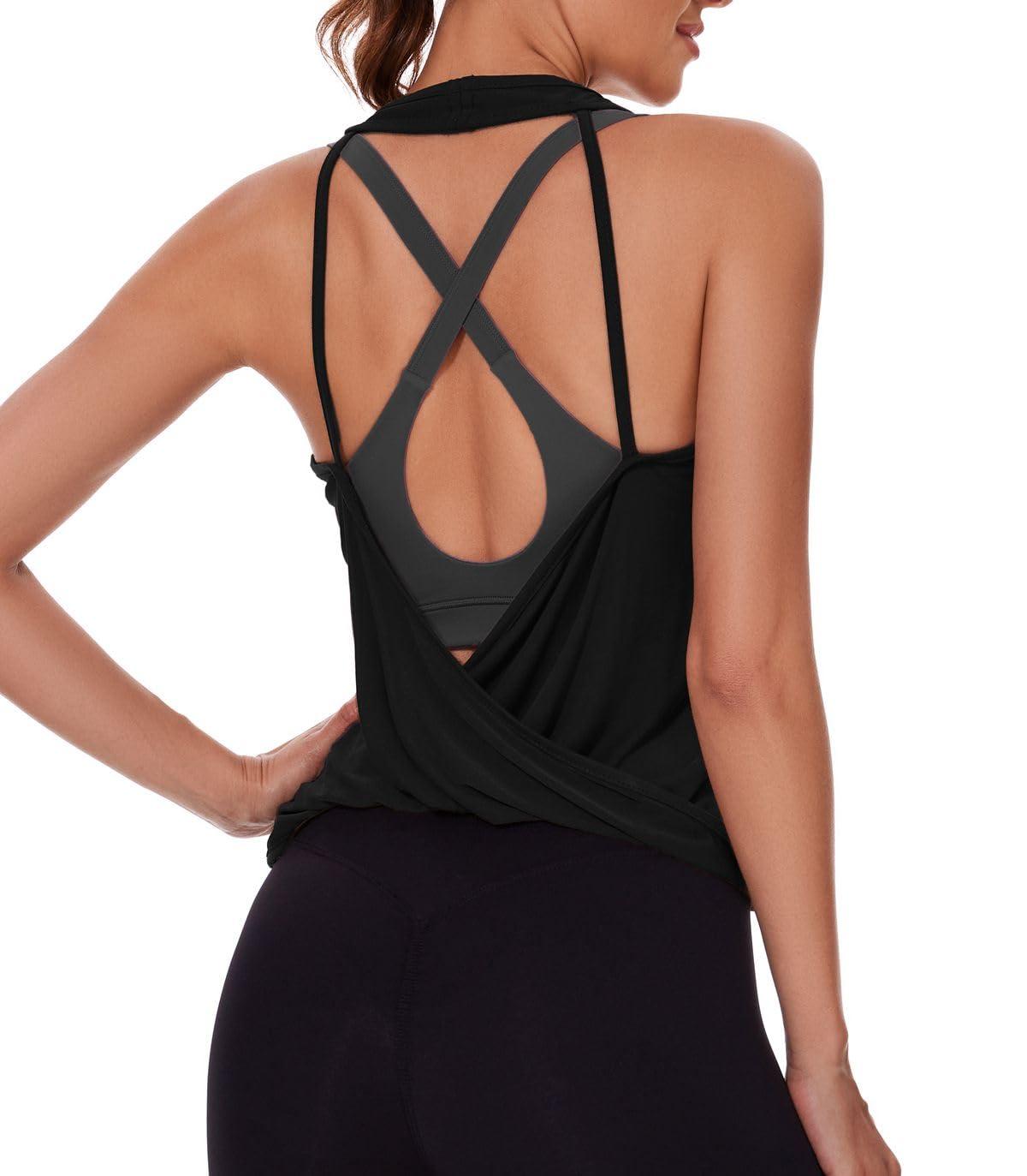Weckton Womens Summer Open Back Yoga Tops Halter Backless Workout Tank Top Loose Fit Athletic Shirts Gym Activewear for Women Black XL