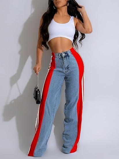 YCHUNHUI YCHUNHUI Women's High Waisted Two Tone Jeans Block Floor Length Wide Leg Denim Pants Patchwork Stripes Jeans Trousers (Blue and Red,Small)