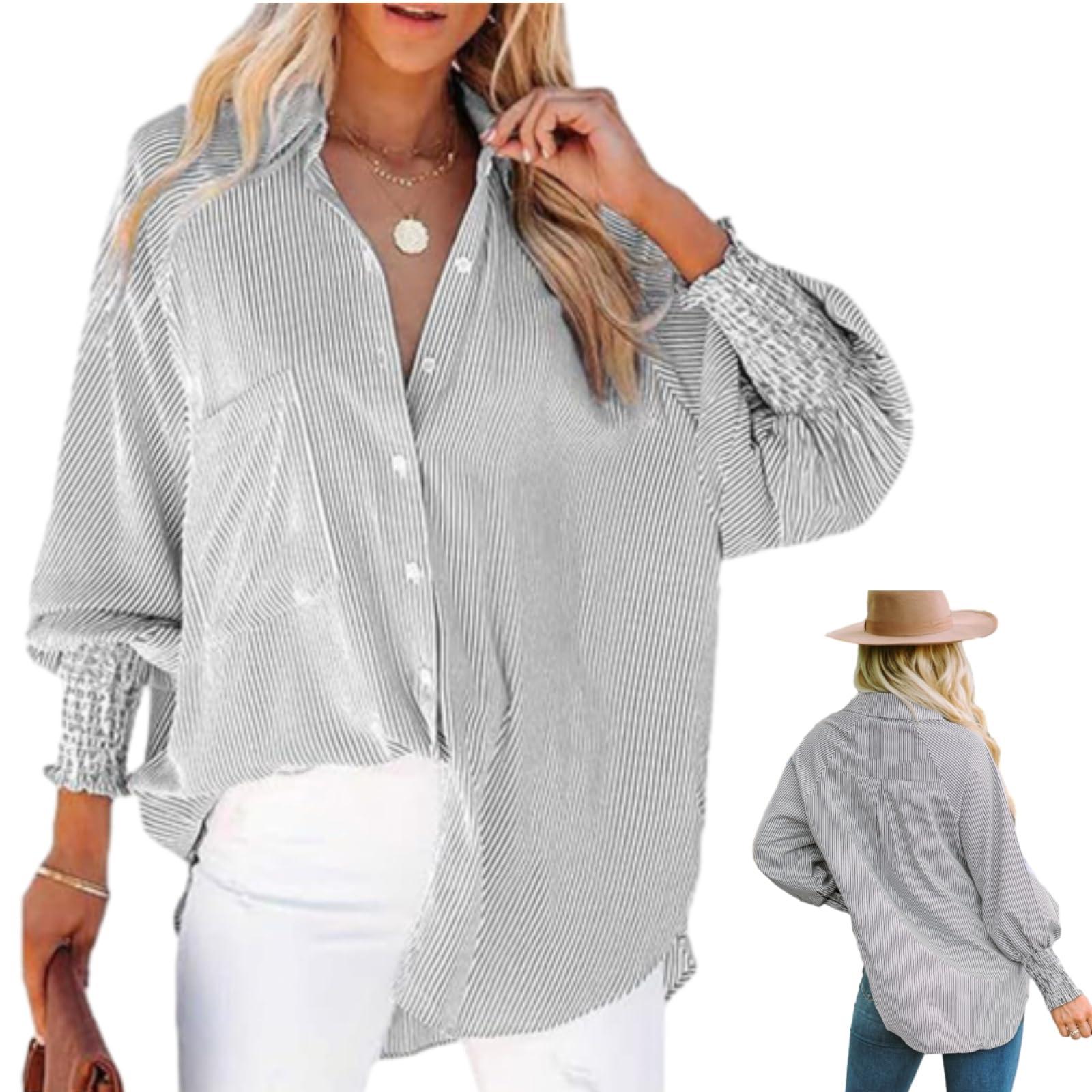 yonasu yonasu The Happy Wind Striped Shirt, The Happy Wind Blouse, Womens Smocked Cuffed Striped Boyfriend Shirt with Pockets
