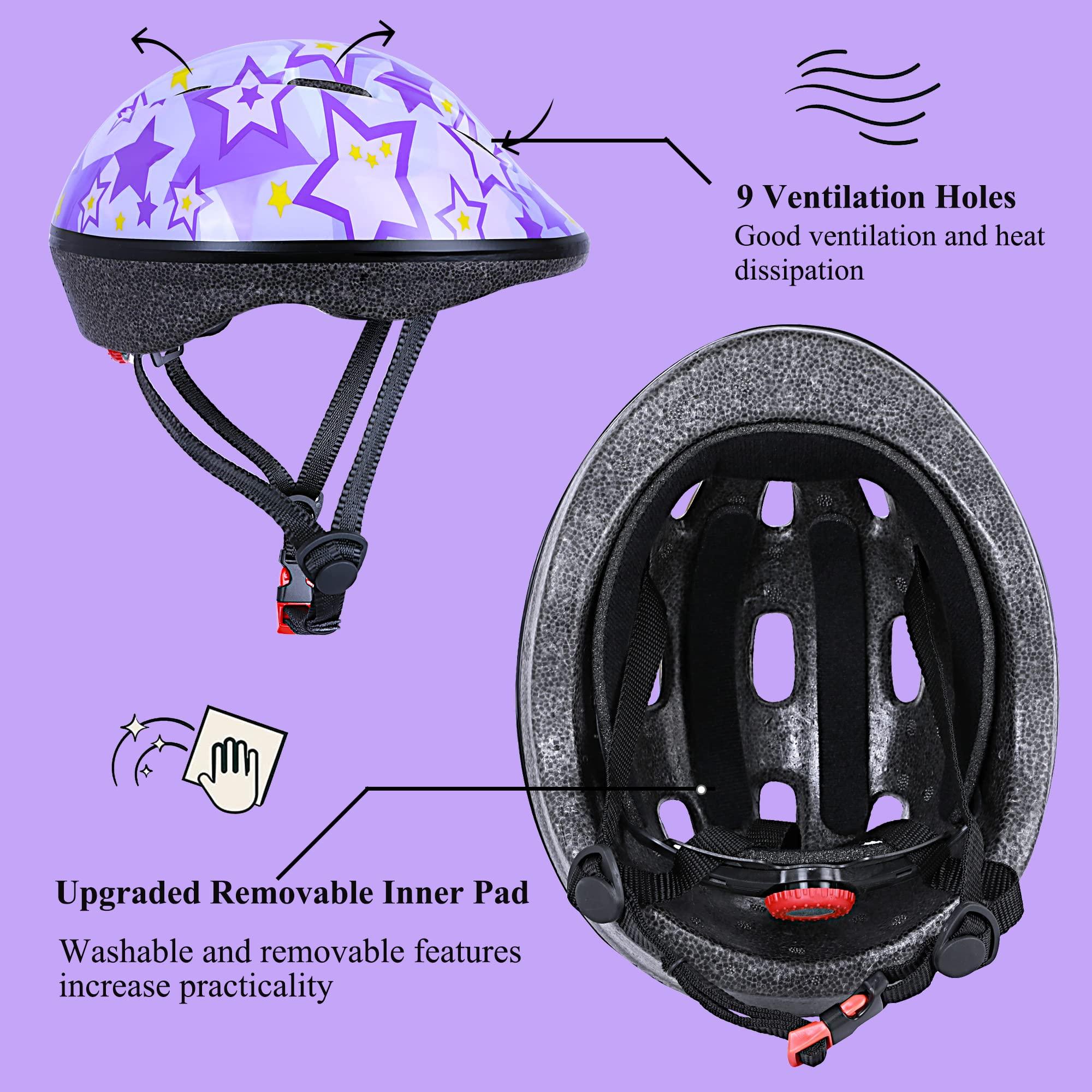 Asslen Asslen Kids Bike Helmet Suitable for Ages 3-8 Years Boys Girls, Adjustable Toddler Helmet with Knee Elbow Pads Wrist Guards Sports Protective Gear Set for Bike Bicycle Skateboard Scooter-Purple