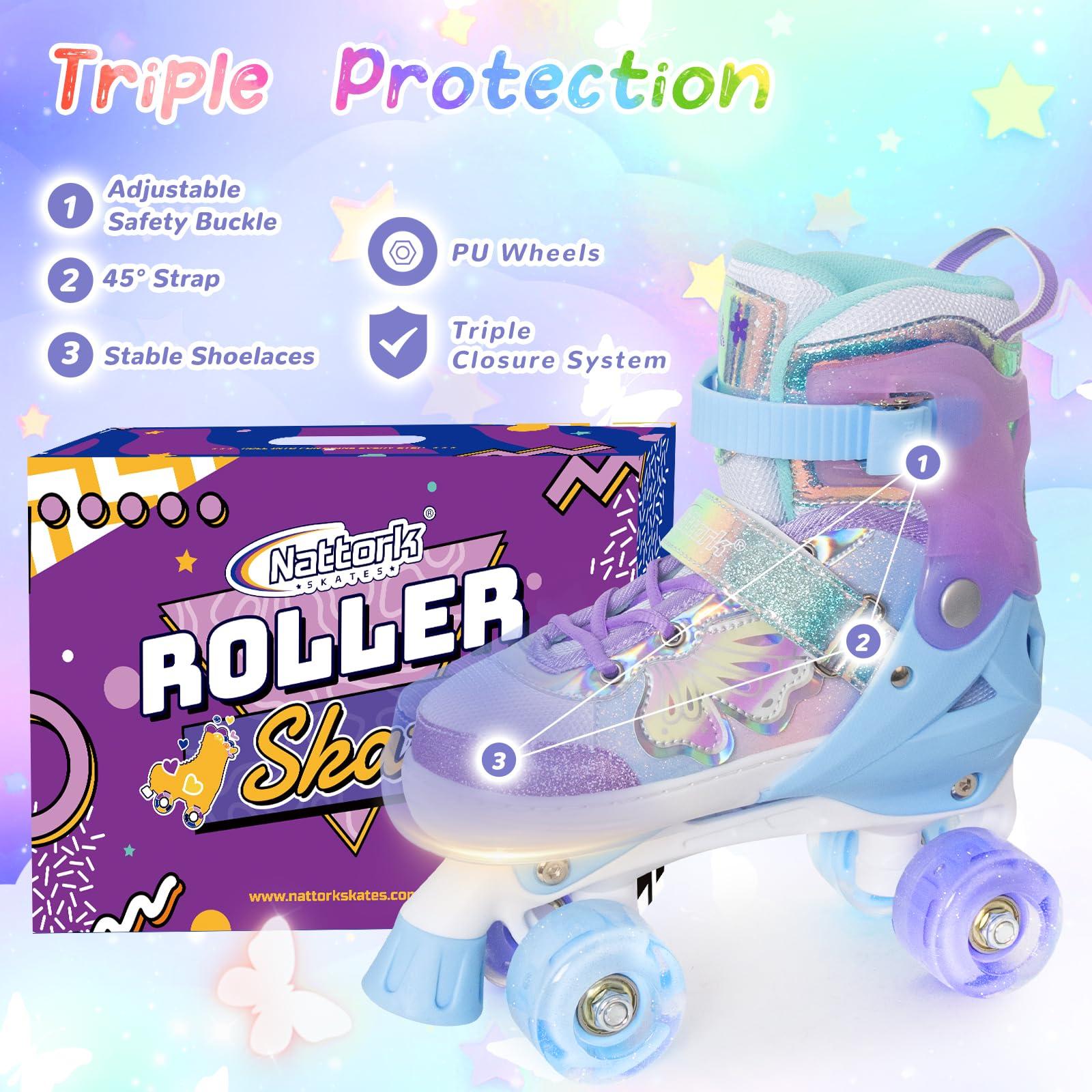 Nattork Kids Roller Skates for Girls Boys - Purple for Toddlers Age 3 4 5 - Adjustable All Light up Wheels Butterfly and Flower Indoor Outdoor Sports Birthday Gift for Son and Grandson