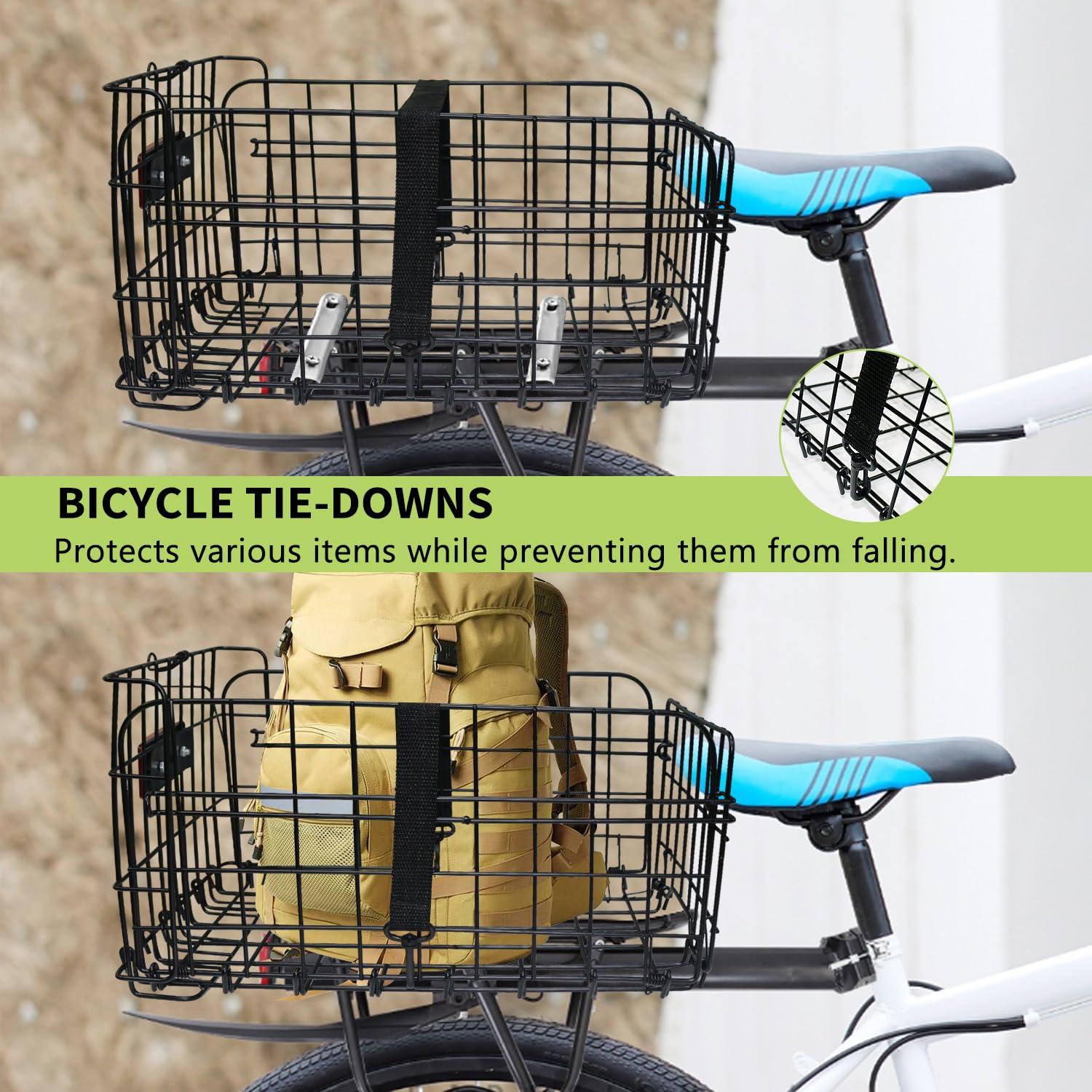 Huntoshon Folding Rear Bike Basket, Huntoshon Quickly Release Metal Bicycle Rack Cargo Basket with Strap & Reflective Tail Light for Most Mounted Bike Rack