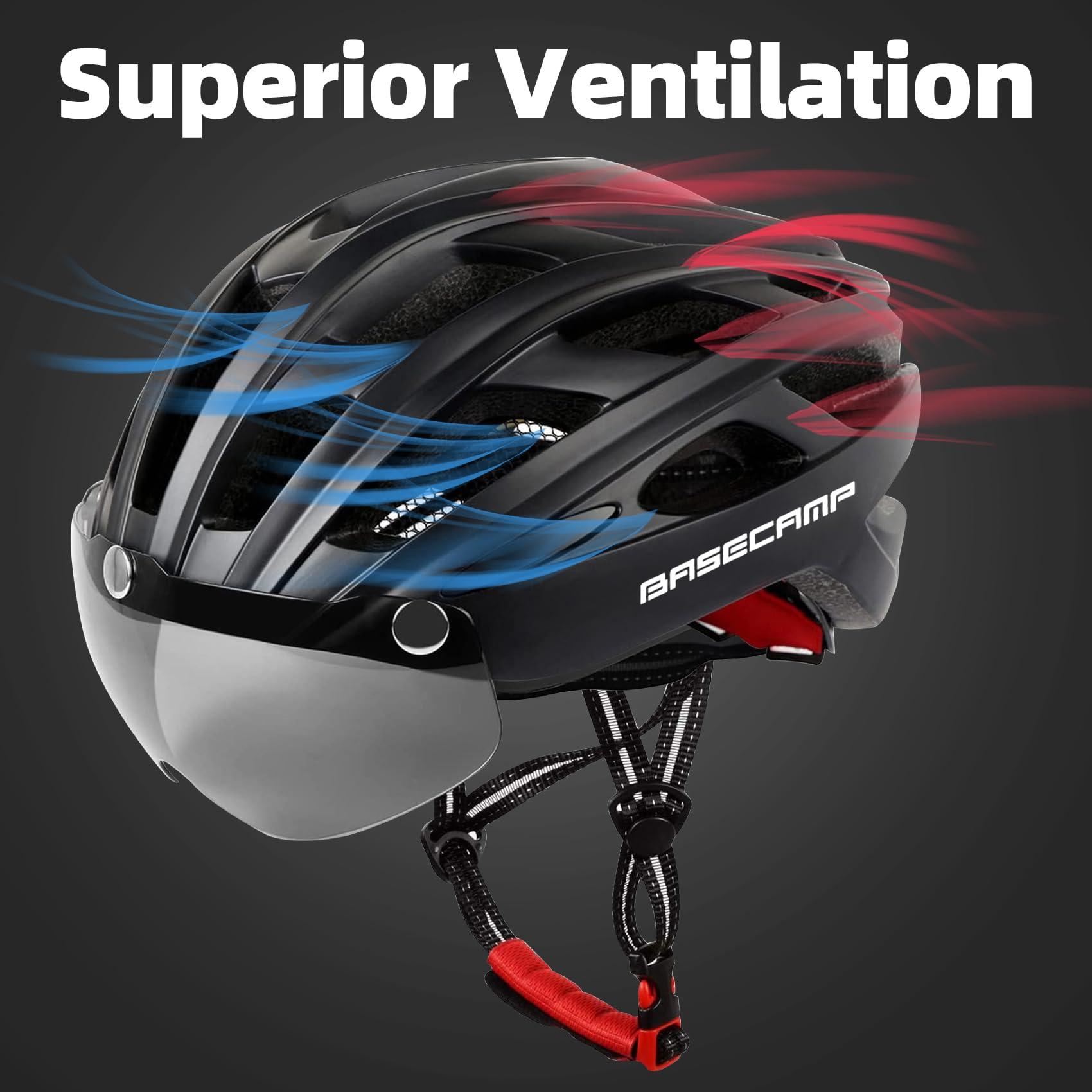 Basecamp Bike Helmet, Basecamp Bicycle Helmet with Rear Light & Detachable Magnetic Goggles Lightweight Cycling Helmet Adjustable for Adult Men Women Mountain & Road (BC-069)