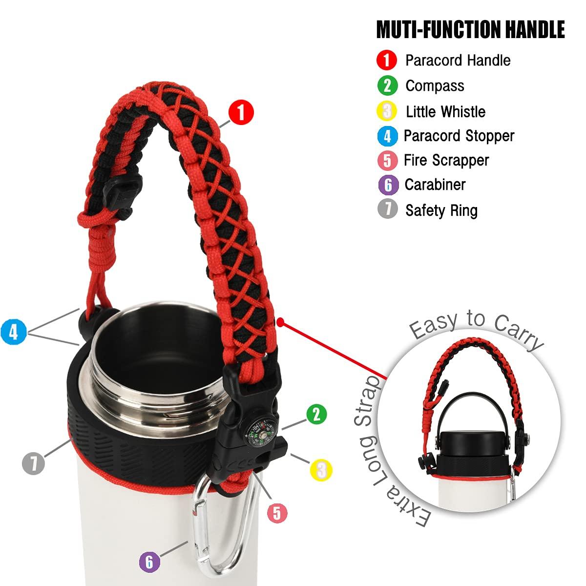 QeeCord QeeCord Paracord Handle Compatible with Hydro Flask 2.0 Wide Mouth Water Bottle Carrier with New Ring and Carabiner, 12oz, 16oz,18oz, 32oz, 40oz, 64oz (12 oz- 20 oz Wide Mouth, Red)