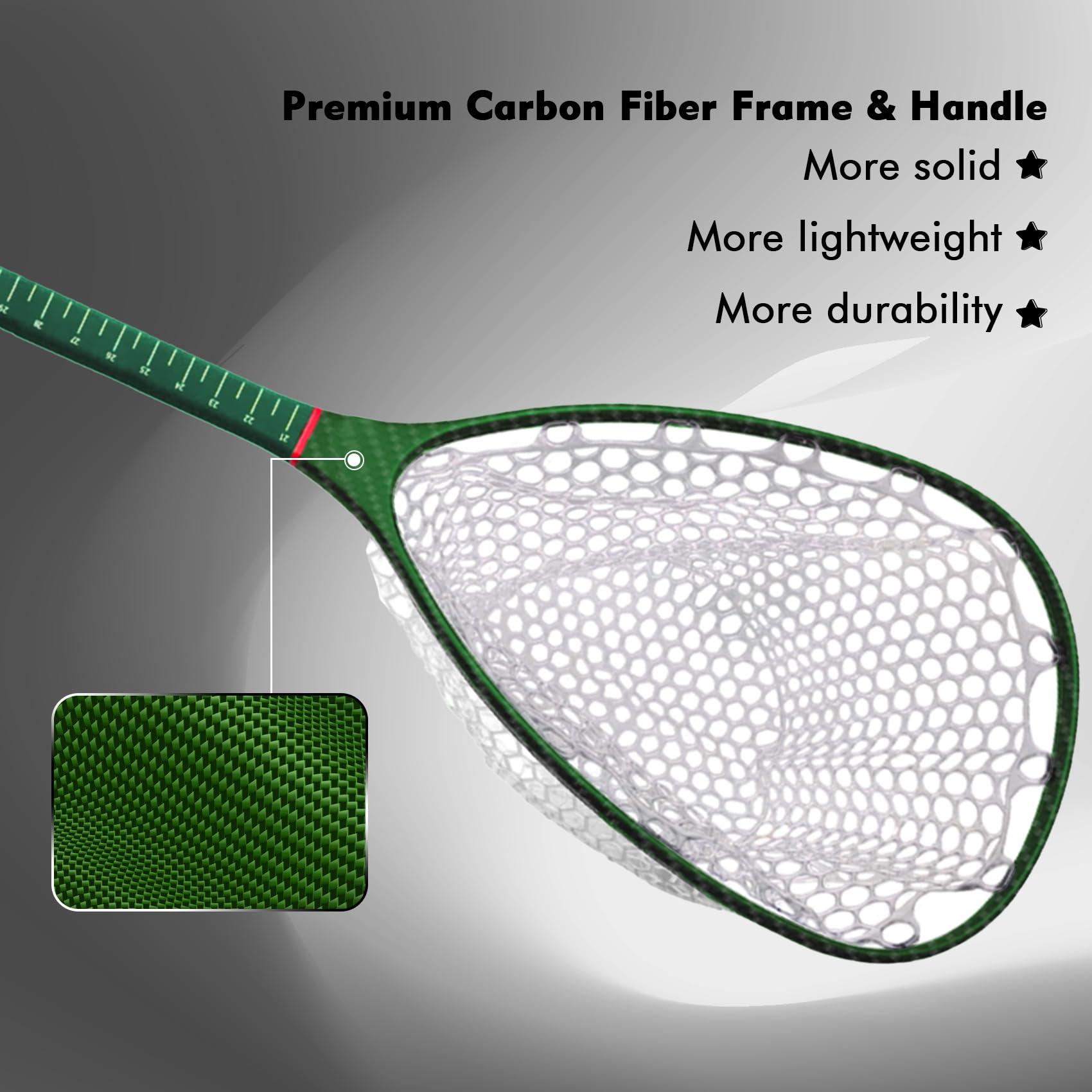Riverruns Riverruns Carbon Fiber Landing Net - Fly Floating Fishing Net with Soft Rubber Trout Net and Measuring Lines on The Handle - Lightweight and DurableLong Handle/Green/Carbon Pattern
