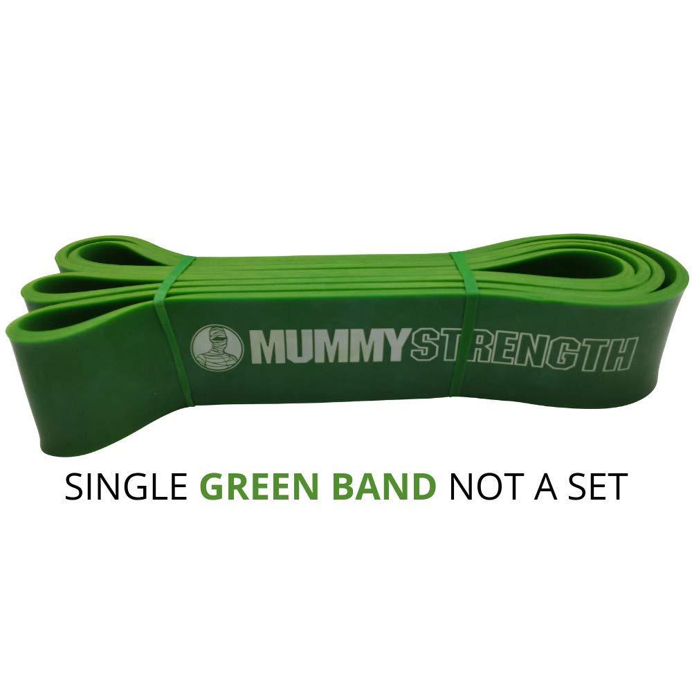 MummyFit MummyStrength Resistance Bands for Men and Women. The Best Stretch Band for Pull Up Exercise and Powerlifting. Works with Any Pull Up Bar or Station. Single Band. Workout Guide Included (Green)