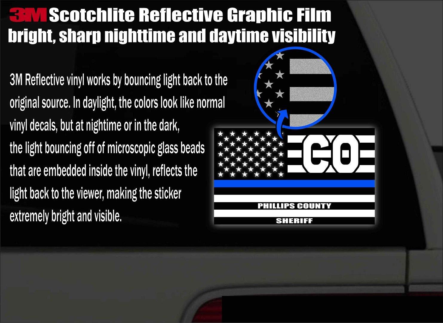 STICKER FRENZY Reflective Phillips County Colorado CO Thin Blue Line Stealthy Old Glory USA Flag | Honoring Law Enforcement Officers Sheriffs | County State Decal Bumper Sticker 3M Vinyl 3" x 5"