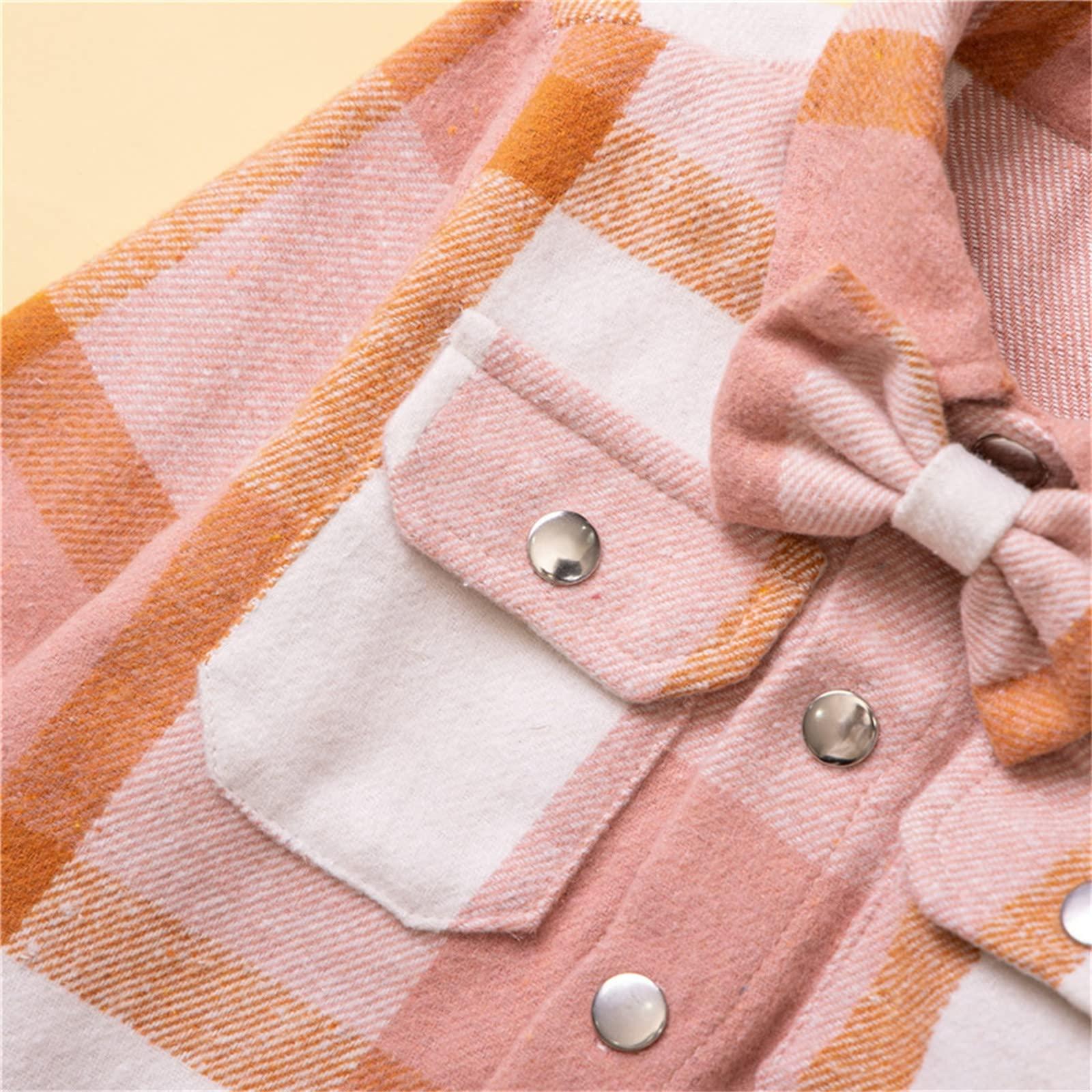 NineFit Basics Toddler Baby Boy Girls Flannel Shirts Jacket with Bow Plaid Long Sleeve Button Down Shacket Toddler (Pink, 12-18 Months)