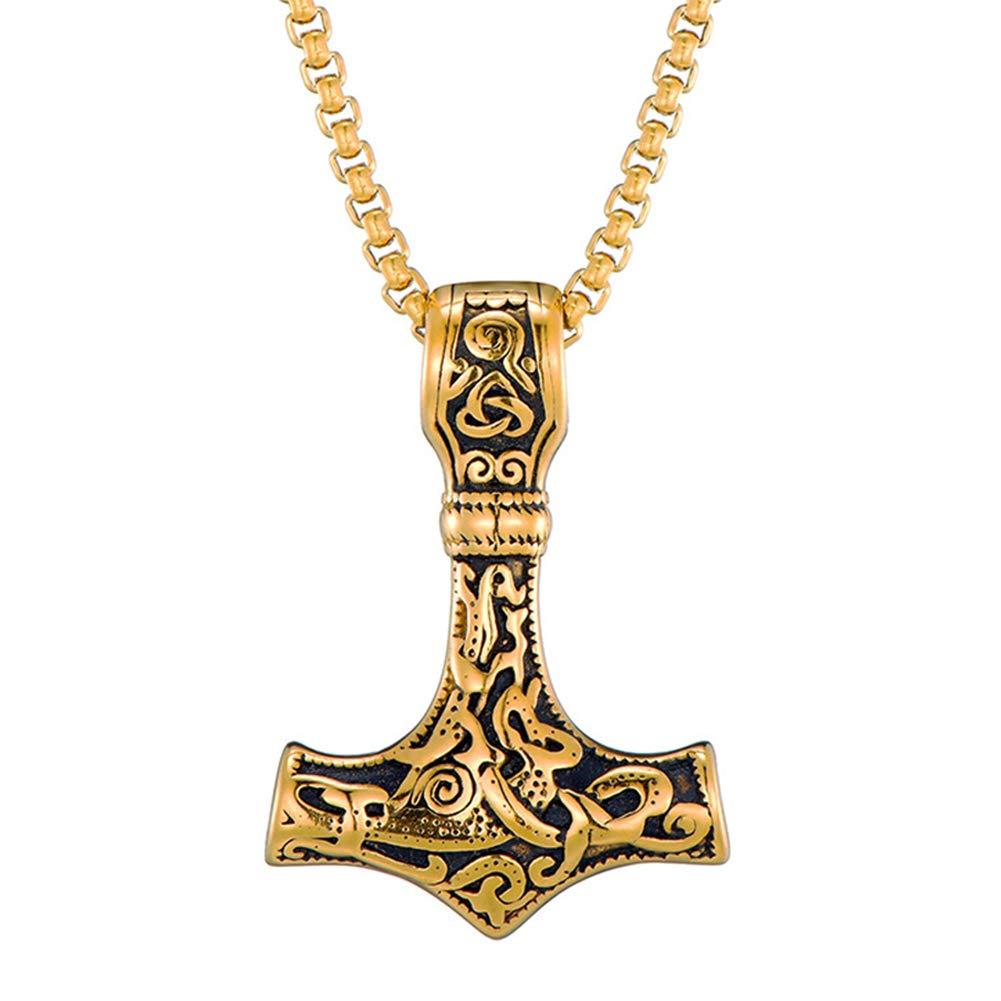 SBRTL Norse Viking Thor's Hammer Talisman Necklace, Odin Mjolnir Stainless Steel Pendant, Mens Vintage Original Amulet Jewelry,Gold,60cm(24incm)