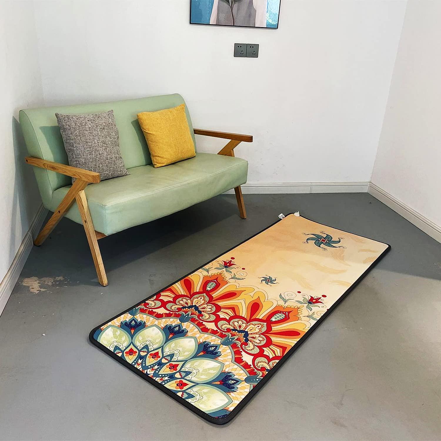 HBIAO Portable Heated Yoga Mat, Adjustable Temperature Heated Floor Mat, Non-Slip Electric Heating Pad Ideal for Yoga, Hot Yoga, Pilates, Fitness, Exercise,Blooming