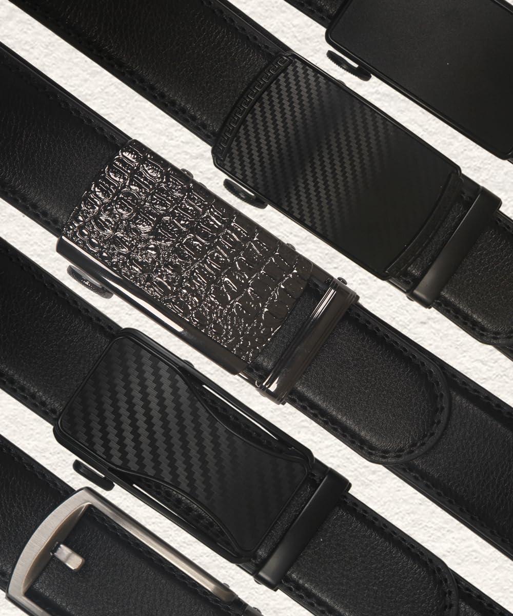 Teooauss Ratchet Belts for Men, Leather Black Slide Belt with Automatic Buckle for Golf Work Wedding Dress Casual Shirt Pants Jeans, Micro Adjustable, Trim To Fit - Waist: 36-42