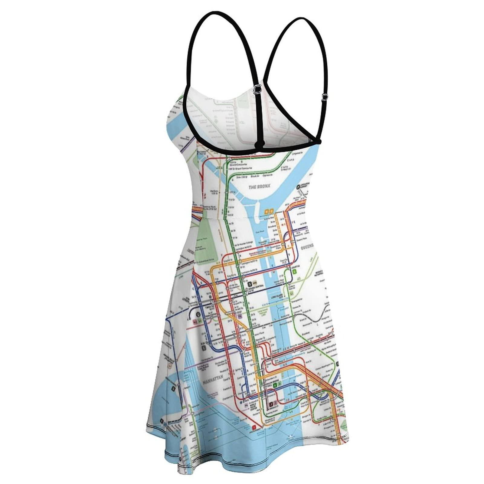 TUBIAZICOL New York Subway Map Print Women's Sleeveless Dress Spaghetti Strap Swing Beach 2022