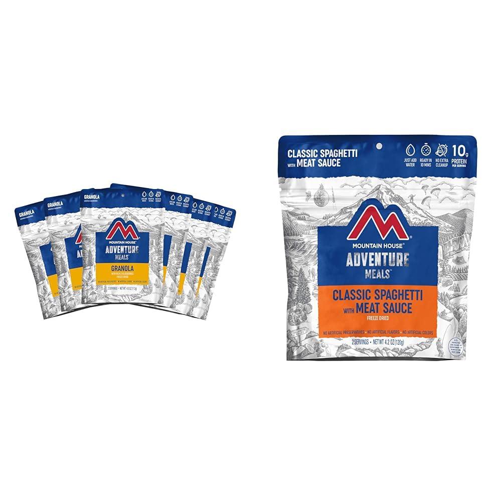 Mountain House Mountain House Granola with Milk & Blueberries | Freeze Dried Backpacking & Camping Food | 6-Pack (0055450) & Classic Spaghetti with Meat Sauce | Freeze Dried Backpacking & Camping Food |2 Servings