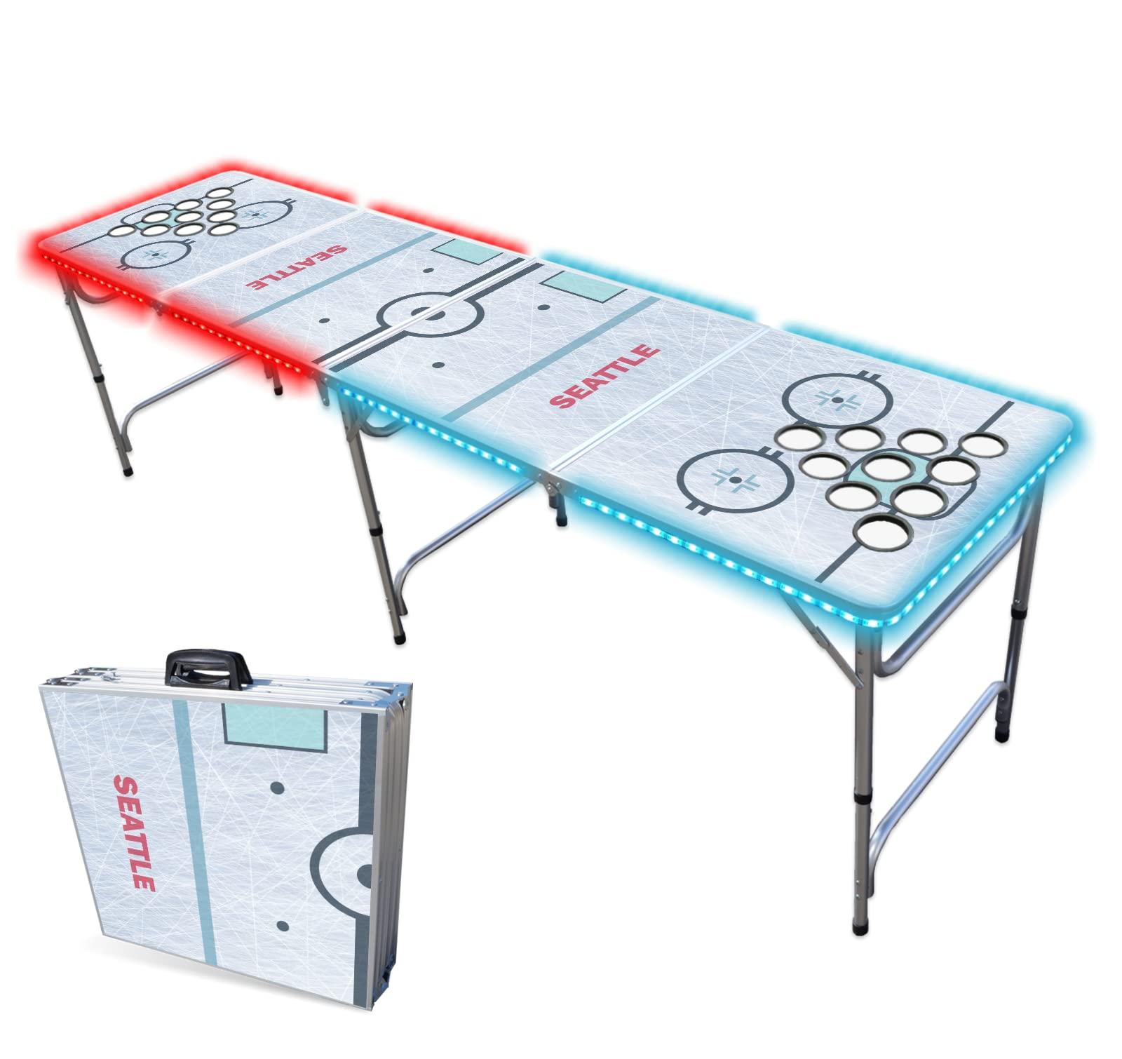 PartyPongTables.com 8-Foot Professional Beer Pong Table w/Cup Holes & LED Lights - Seattle Hockey Rink