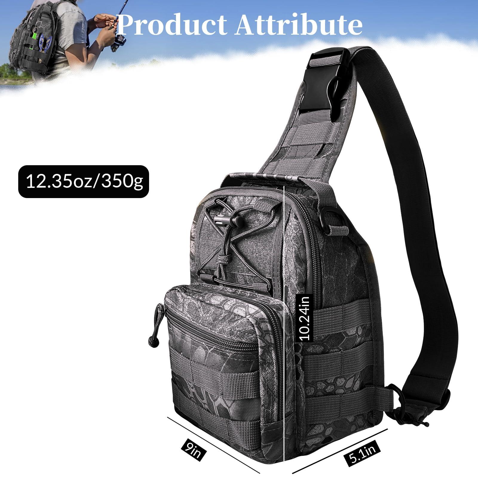 Bnqoe Fishing Backpack Fishing Tackle Storage Bag Fishing Gear with Rod Holder Small Sling Backpack for Outdoor Fish,Hiking,Travel,Hunting (E-Camouflage Black)