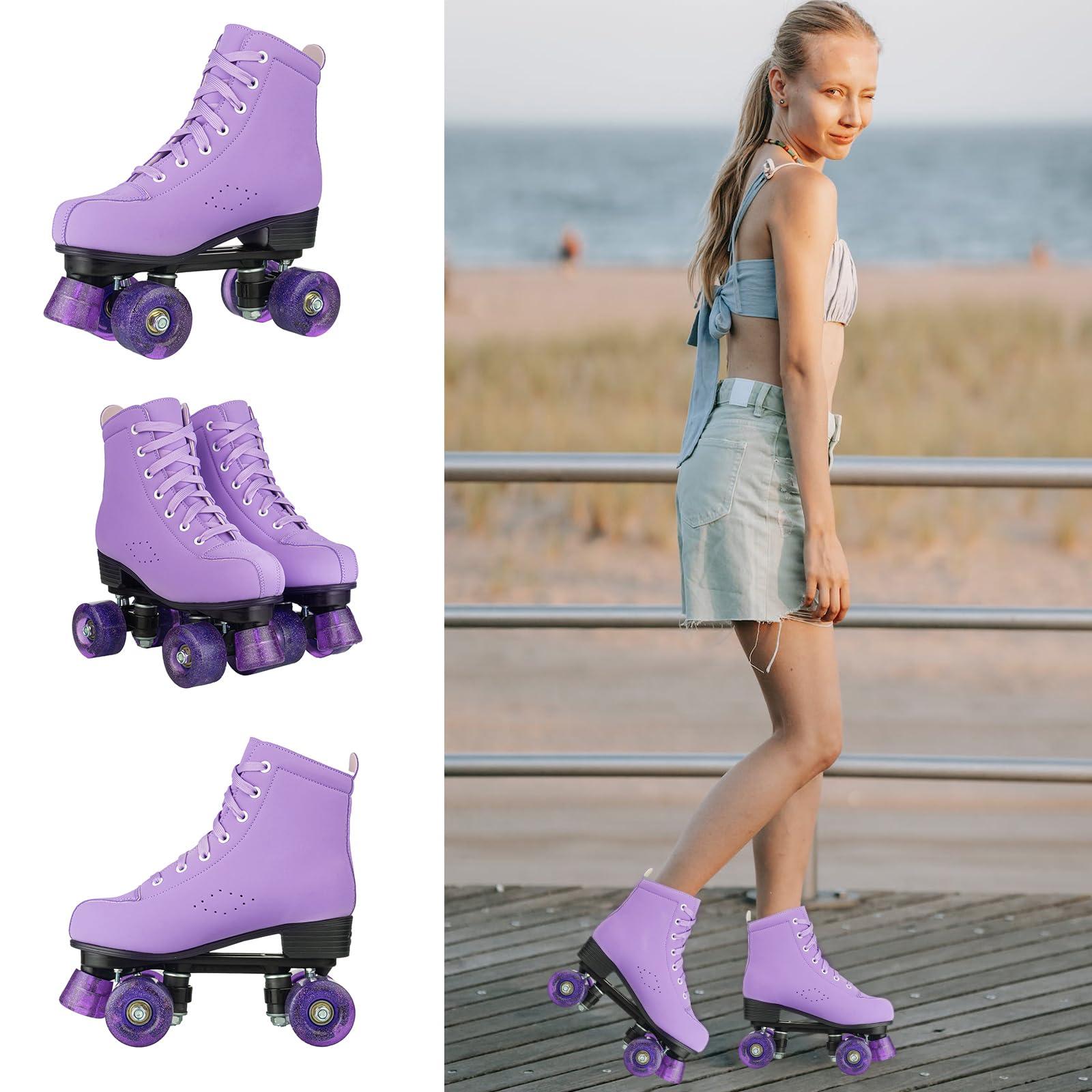 Gets Gets Roller Skates Women Outdoor High-top Adult Roller Derby Skates Wheels Light Up Roller Skates Double Row Quad Skates for Men Girls Unisex (Purple Flashing Wheel,38)