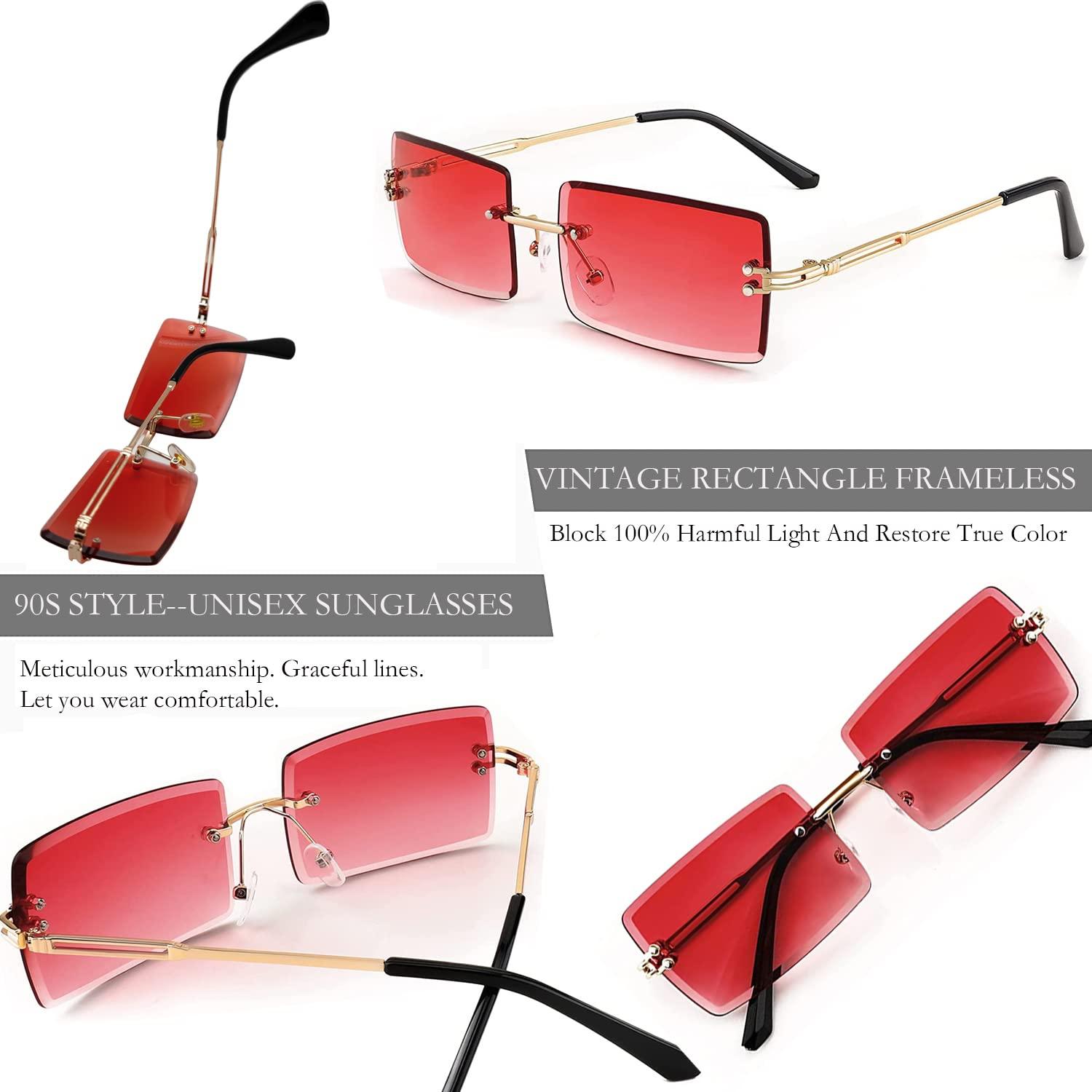 Mriendao Mriendao Red Sunglasses for Women Men Fashion Retro 90s Rimless Rectangle Tinted Sun Glasses Shades UV400