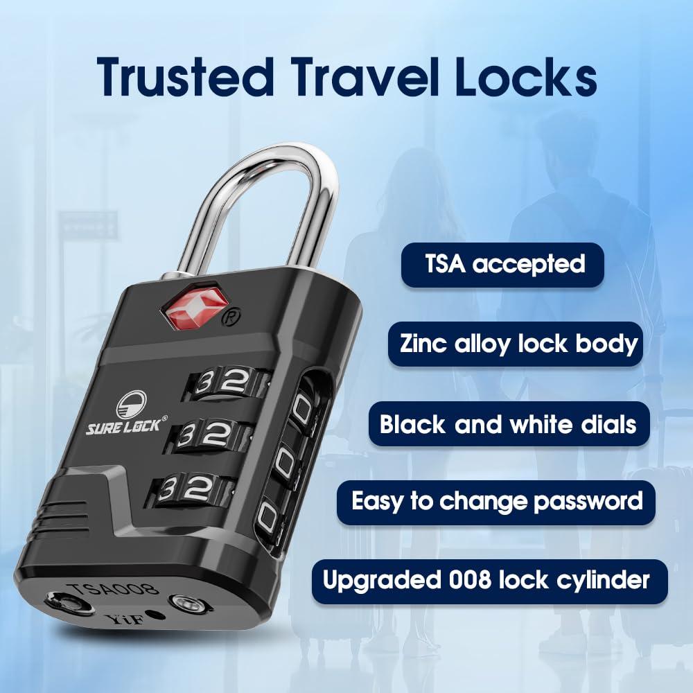 SURE LOCK SURE LOCK TSA Locks for Luggage, TSA Approved Luggage Locks with Open Alert, TSA008 Key for High Security, Easy Read Dials, Zinc Alloy Body, Locker Lock for Suitcase, Gym, Travel(Black 6 pk)