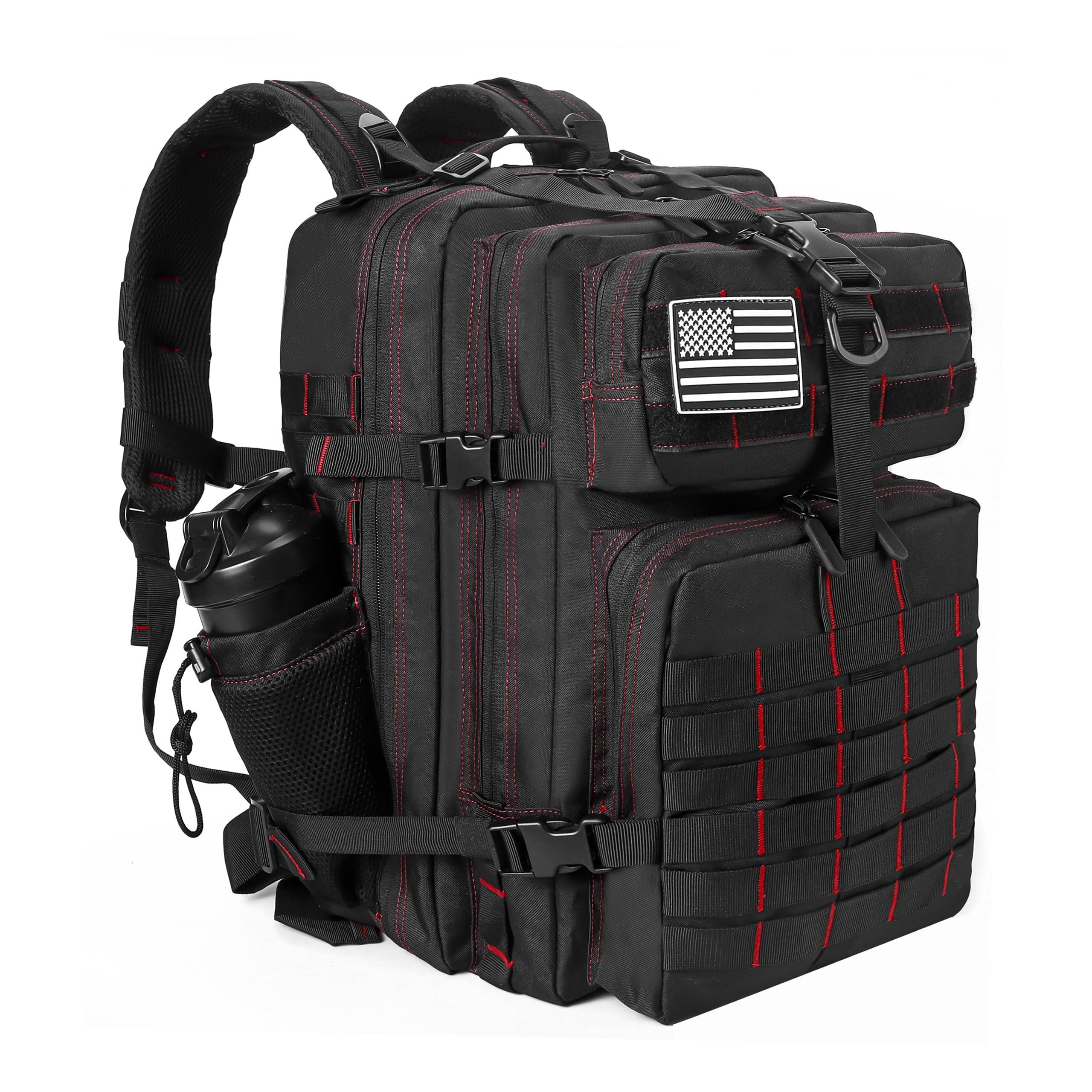LHI LHI Military Tactical Backpack for Men and Women 45L Army 3 Days Assault Pack Bag Large Rucksack with Molle System - Black with Red Line