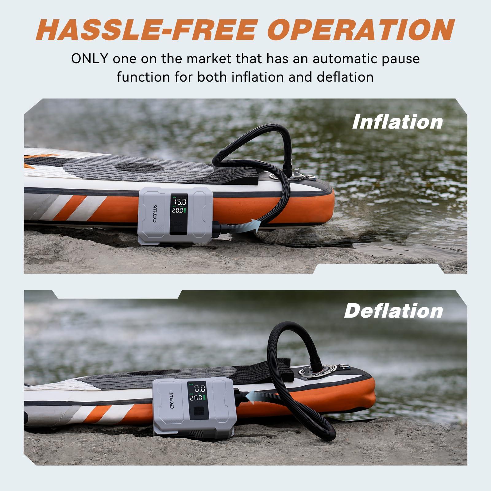 CYCPLUS CYCPLUS 20PSI Rechargeable Paddleboard Pump - Intelligent Fast Dual-Stage Inflation, Deflation Function, Auto-Off &Dual LED Display, Suitable for Stand-Up Paddleboard, Inflatable Boat Tent Mattress