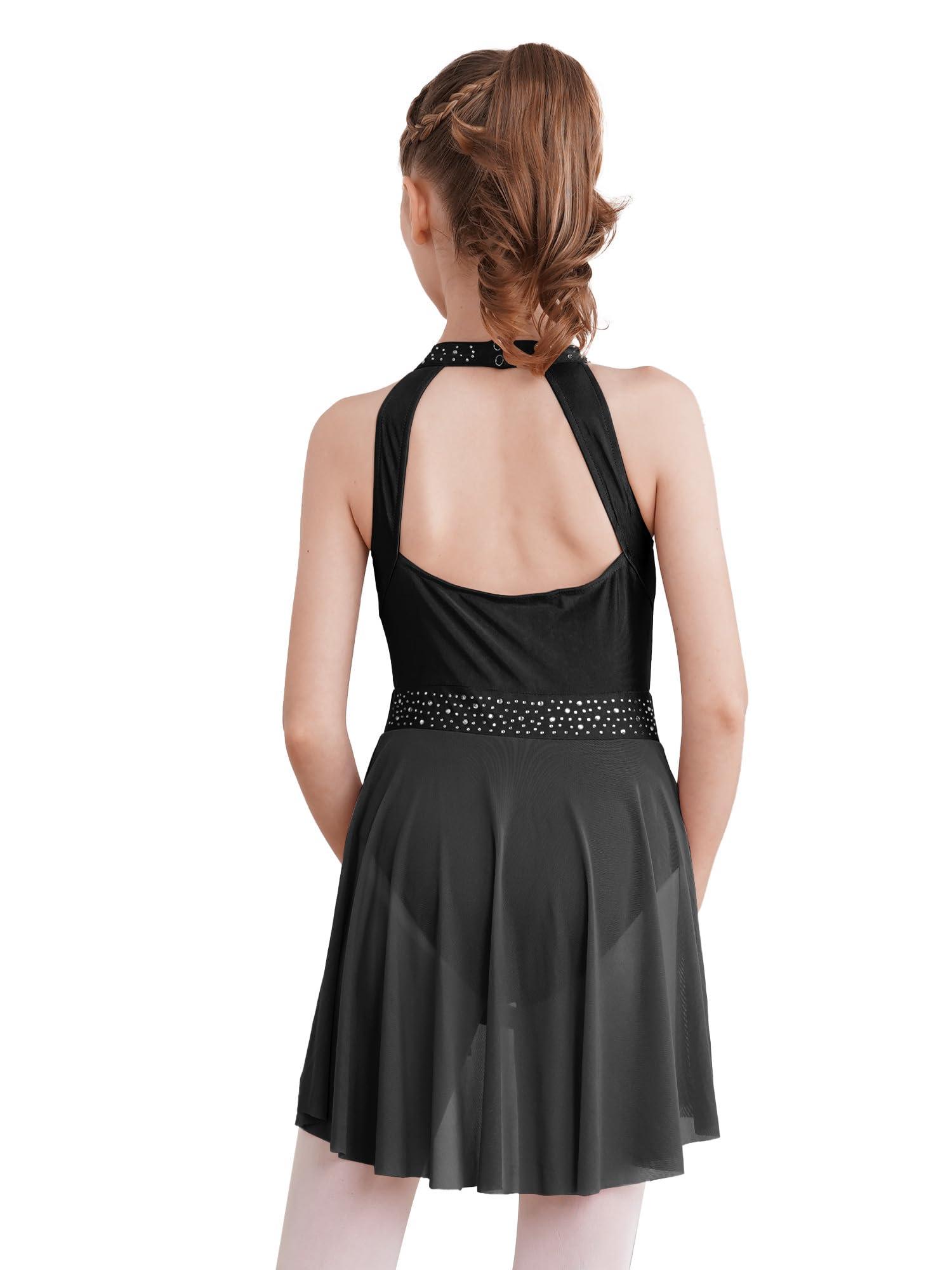 JEATHA JEATHA Kids Girls Rhinestone Sleeveless Mock Neck Figure Skating Dress Gymnastic Ballet Dance Skirt Leotard Black&Burgundy 8
