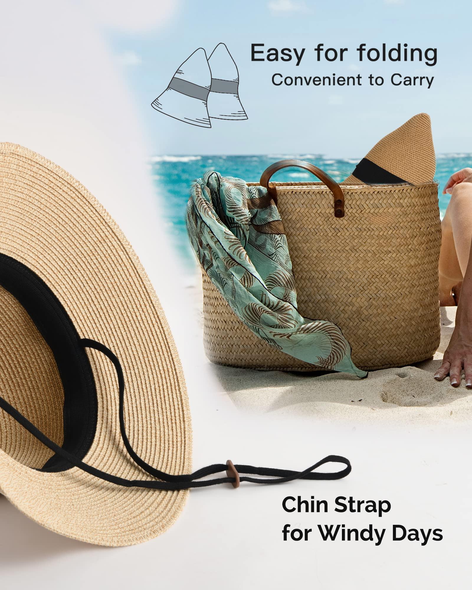 FURTALK FURTALK Womens Beach Sun Straw Hat UV UPF 80+ Travel Foldable Brim Summer UV Hat Black