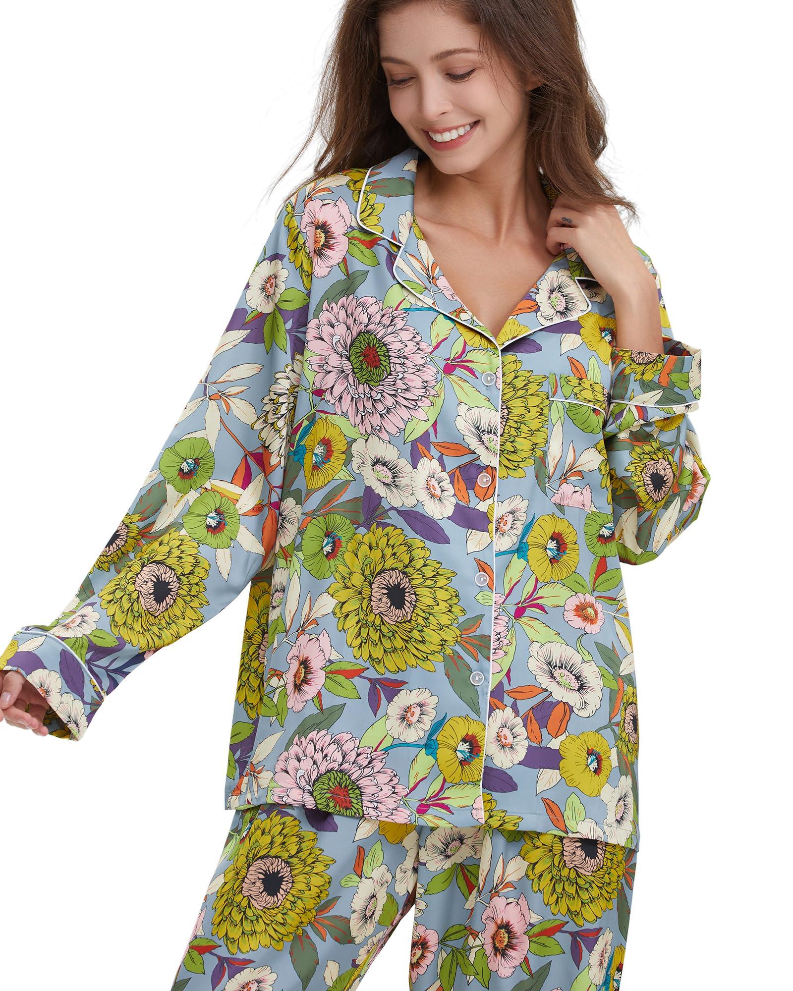 YiNi LuLu YiNi LuLu Womens Silk Satin Pajamas Set Button Down 2 Piece Pjs Set For Women Long Sleeve Oversized Sleepwear with Pockets